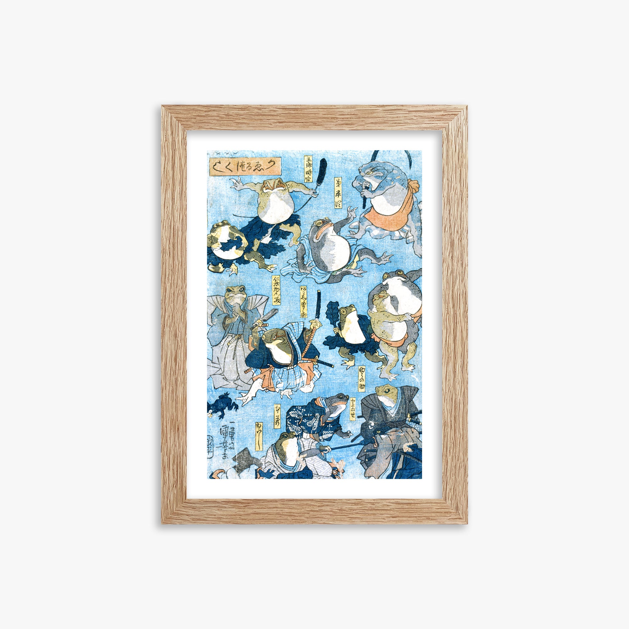 Utagawa Kuniyoshi: Famous Heroes of the Kabuki Stage Played by Frogs, 21x30cm Framed Art Reproduction With Raw Oak Frame