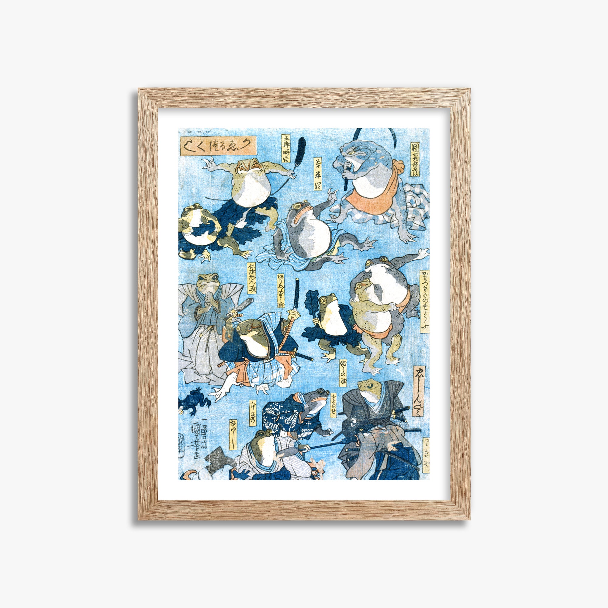 Utagawa Kuniyoshi: Famous Heroes of the Kabuki Stage Played by Frogs, 30x40cm Framed Art Reproduction With Raw Oak Frame