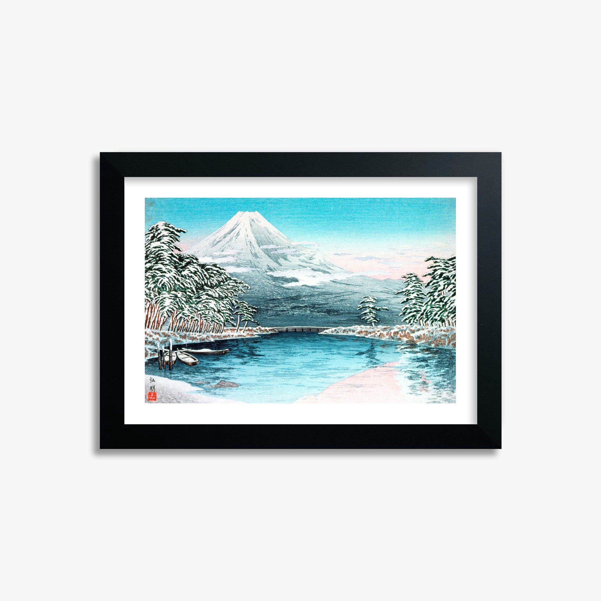 Takahashi Hiroaki (Shōtei): Mt. Fuji from Tagonoura, Snow Scene, 21x30cm Framed Art Reproduction With Black Frame