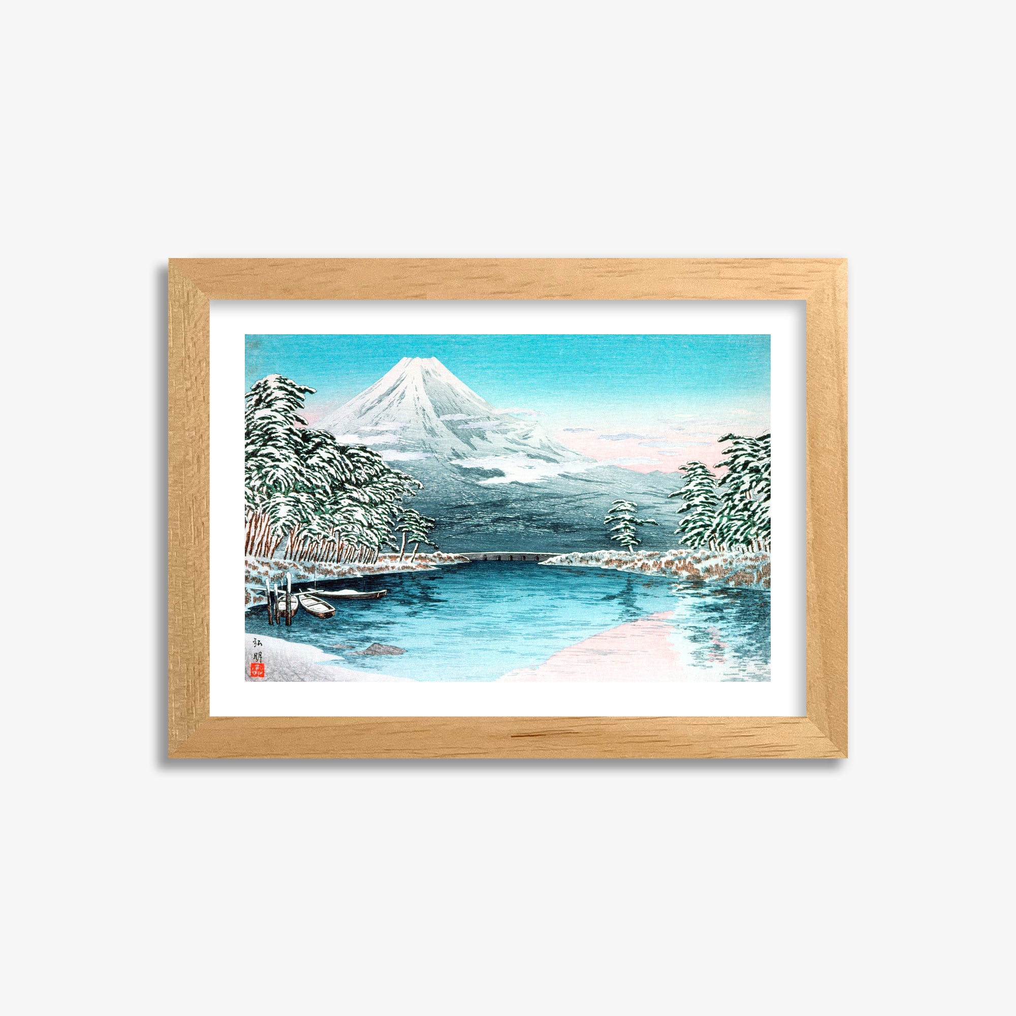 Takahashi Hiroaki (Shōtei): Mt. Fuji from Tagonoura, Snow Scene, 21x30cm Framed Art Reproduction With Oak Frame
