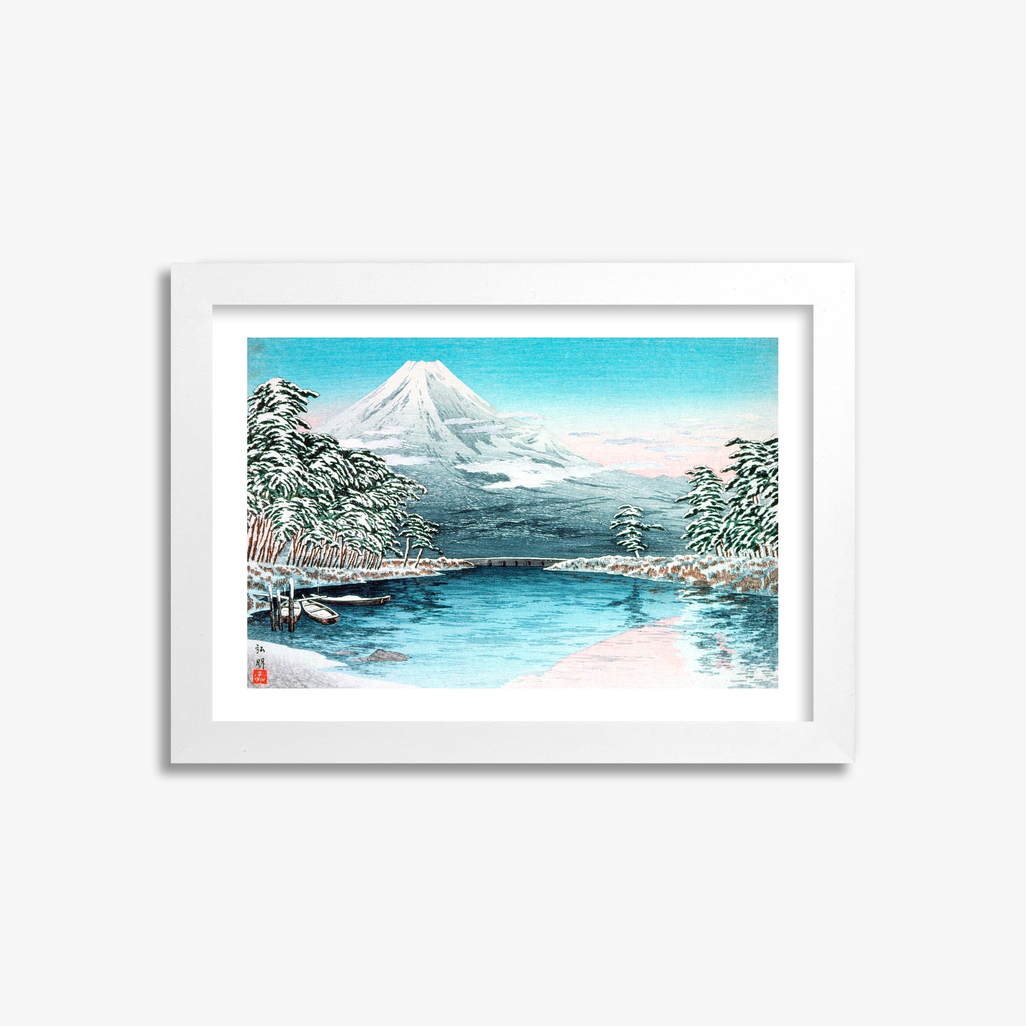 Takahashi Hiroaki (Shōtei): Mt. Fuji from Tagonoura, Snow Scene, 21x30cm Framed Art Reproduction With White Frame
