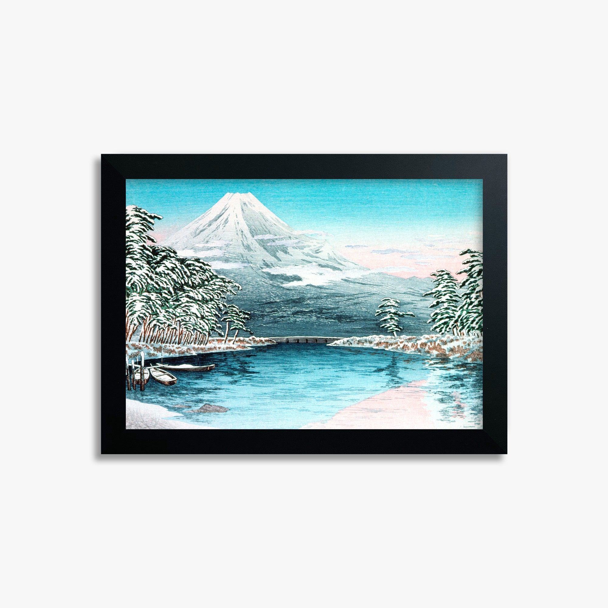 Takahashi Hiroaki (Shōtei): Mt. Fuji from Tagonoura, Snow Scene, 21x30cm Framed Art Reproduction With Black Frame