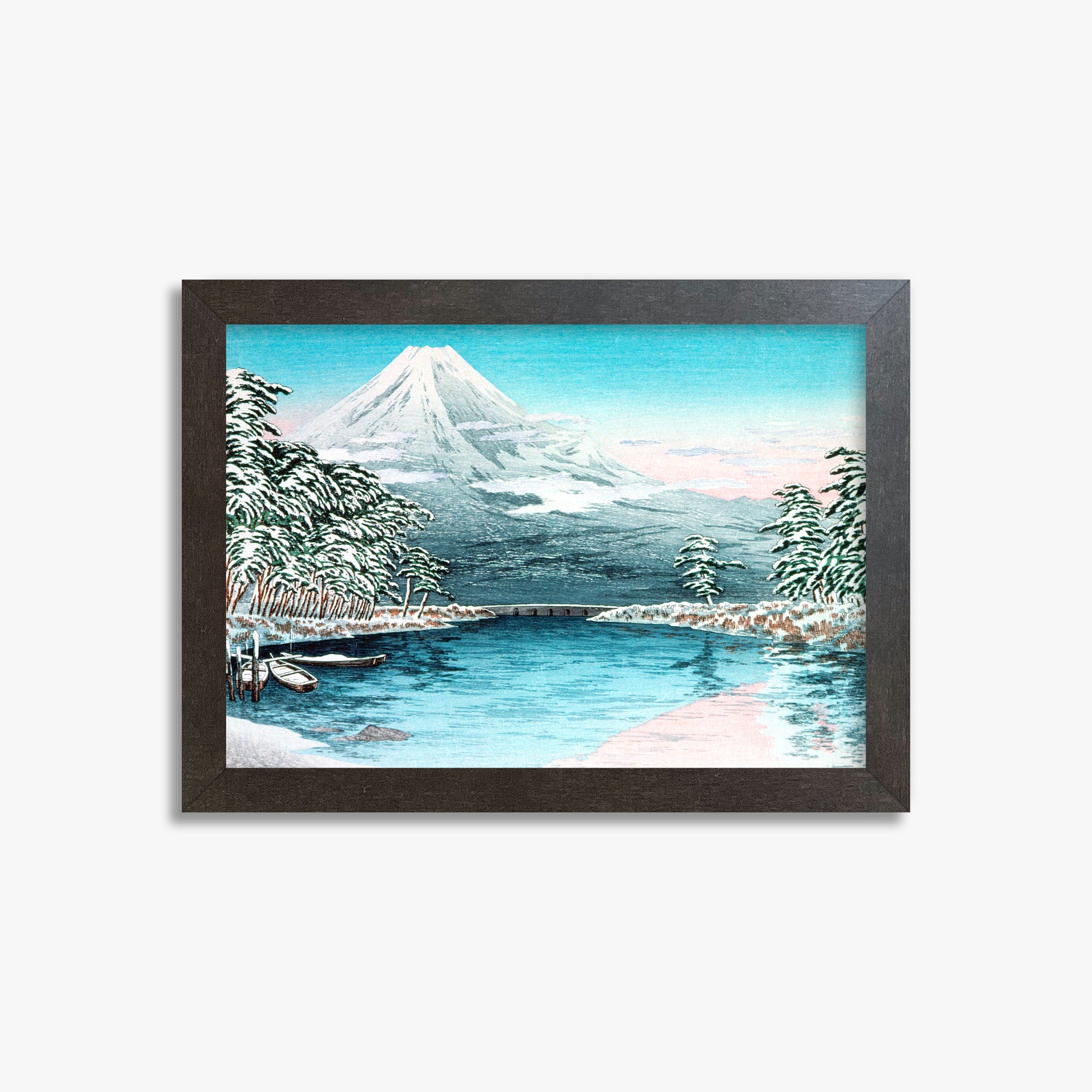Takahashi Hiroaki (Shōtei): Mt. Fuji from Tagonoura, Snow Scene, 21x30cm Framed Art Reproduction With Espresso Frame