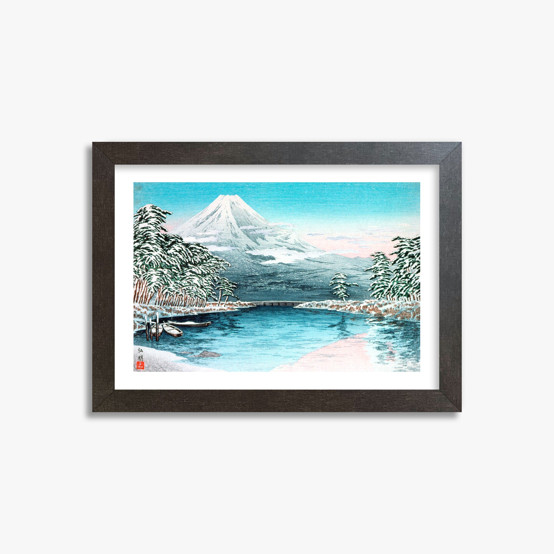 Takahashi Hiroaki (Shōtei): Mt. Fuji from Tagonoura, Snow Scene, 21x30cm Framed Art Reproduction With Espresso Frame