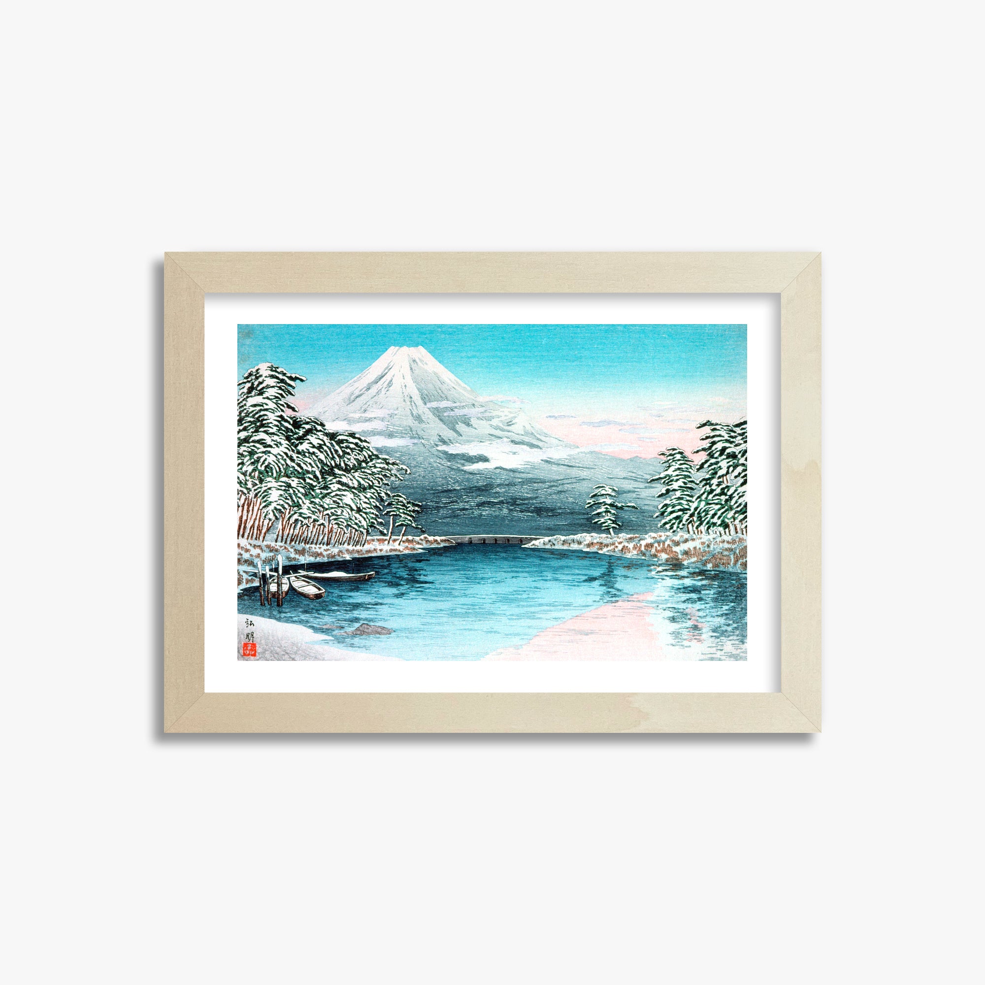Takahashi Hiroaki (Shōtei): Mt. Fuji from Tagonoura, Snow Scene, 21x30cm Framed Art Reproduction With Lime Wood Frame