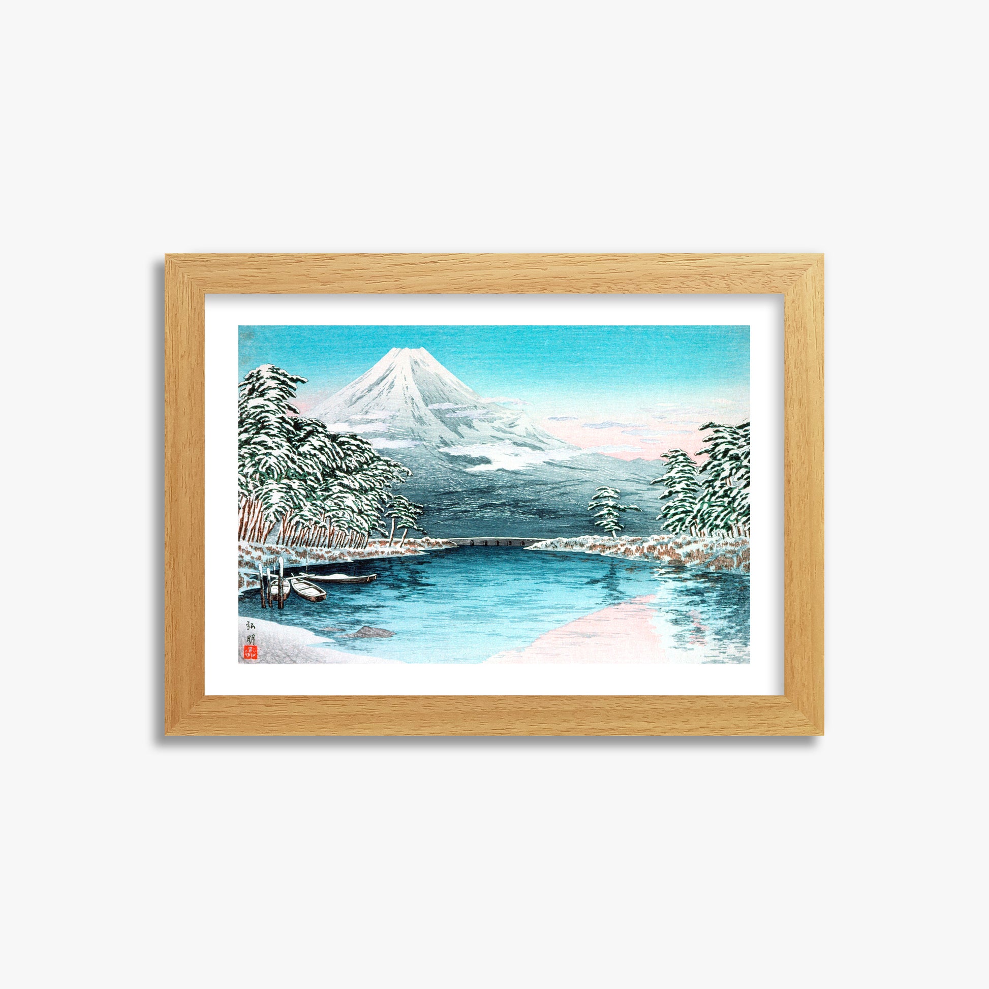 Takahashi Hiroaki (Shōtei): Mt. Fuji from Tagonoura, Snow Scene, 21x30cm Framed Art Reproduction With Oak Frame