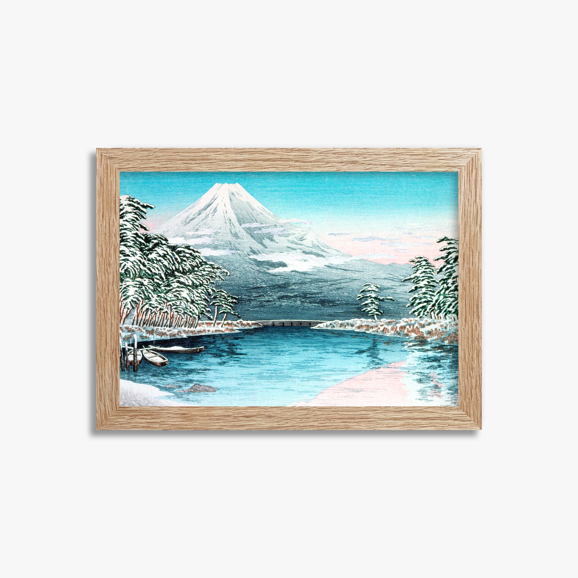 Takahashi Hiroaki (Shōtei): Mt. Fuji from Tagonoura, Snow Scene, 21x30cm Framed Art Reproduction With Raw Oak Frame