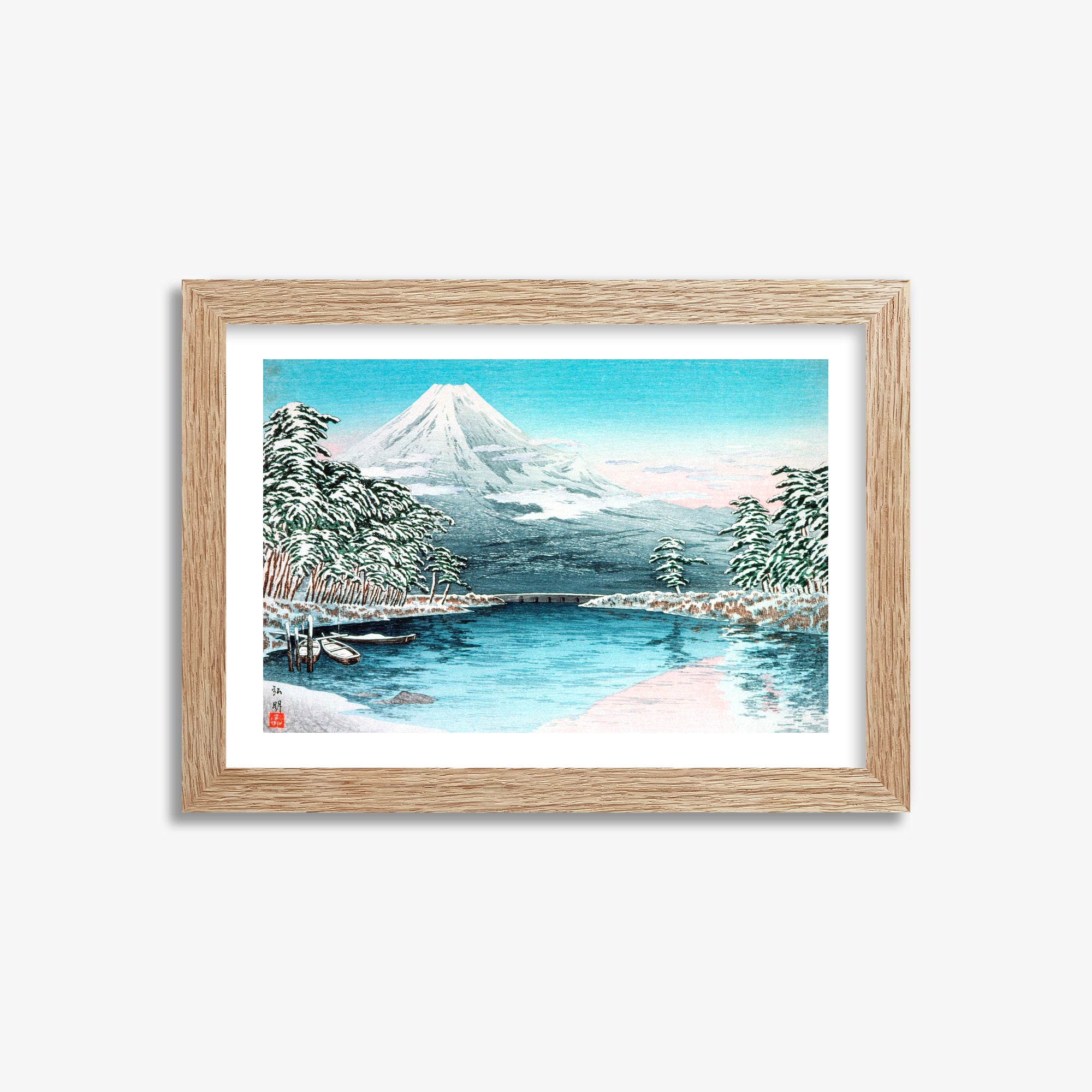 Takahashi Hiroaki (Shōtei): Mt. Fuji from Tagonoura, Snow Scene, 21x30cm Framed Art Reproduction With Raw Oak Frame