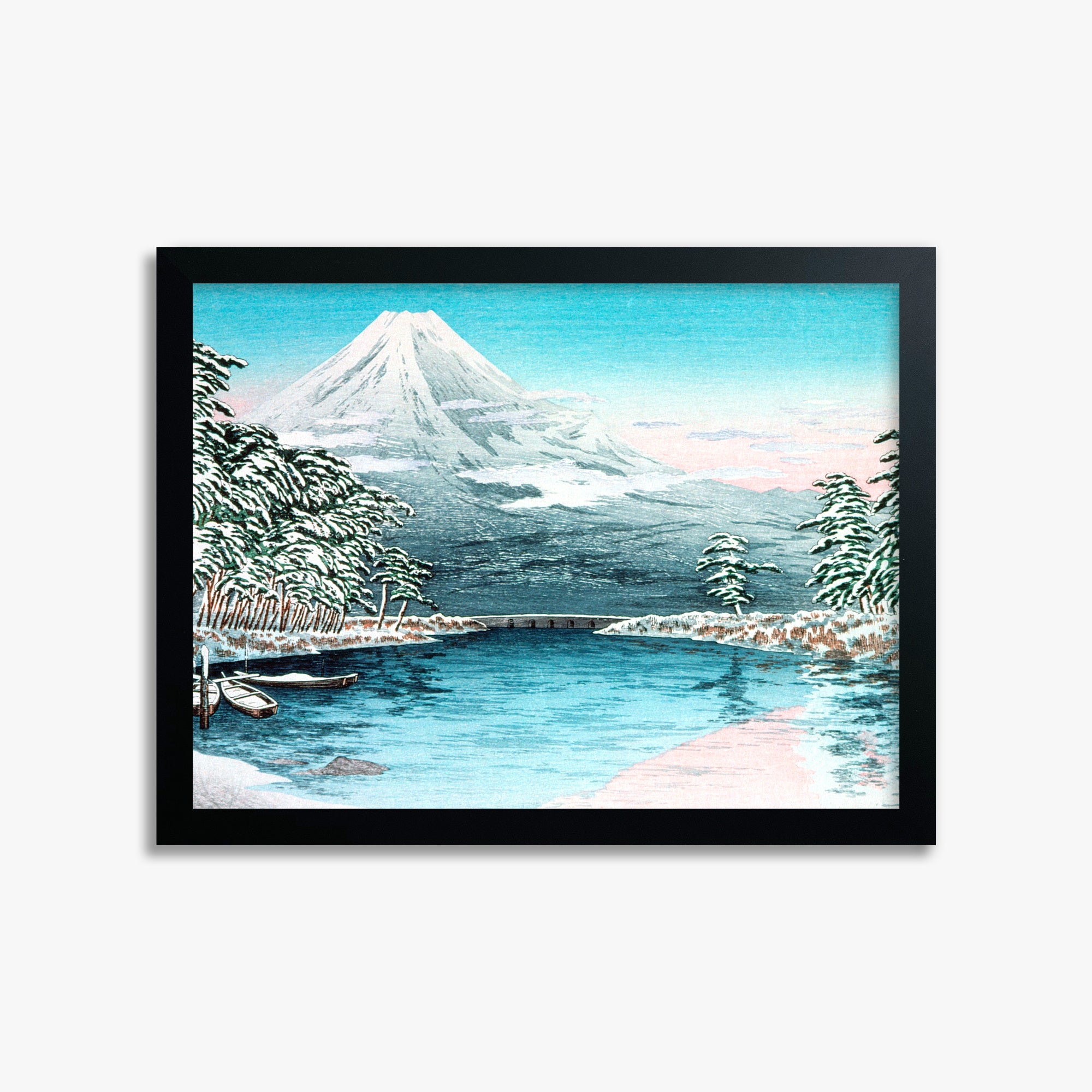 Takahashi Hiroaki (Shōtei): Mt. Fuji from Tagonoura, Snow Scene, 30x40cm Framed Art Reproduction With Black Frame