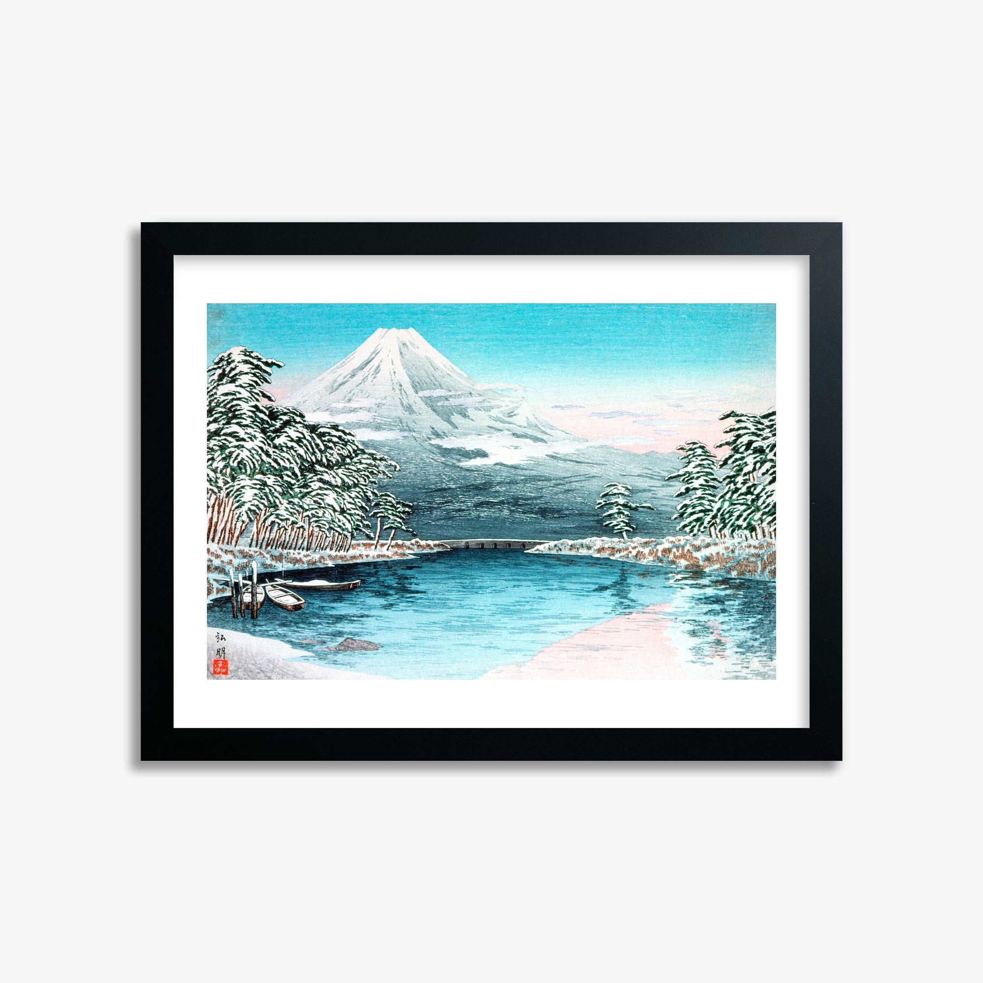 Takahashi Hiroaki (Shōtei): Mt. Fuji from Tagonoura, Snow Scene, 30x40cm Framed Art Reproduction With Black Frame