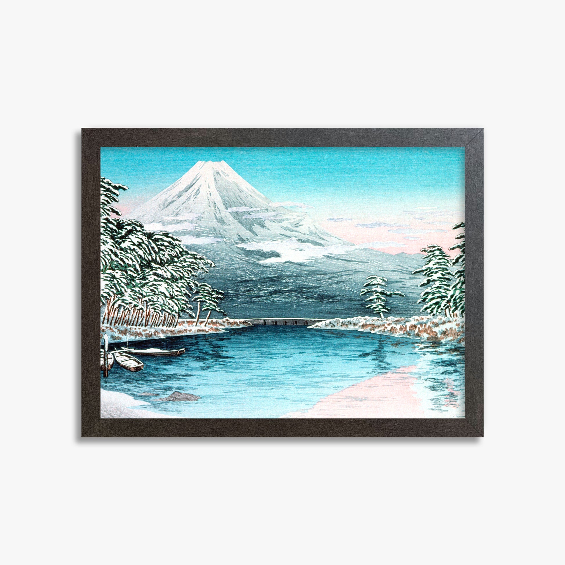 Takahashi Hiroaki (Shōtei): Mt. Fuji from Tagonoura, Snow Scene, 30x40cm Framed Art Reproduction With Espresso Frame