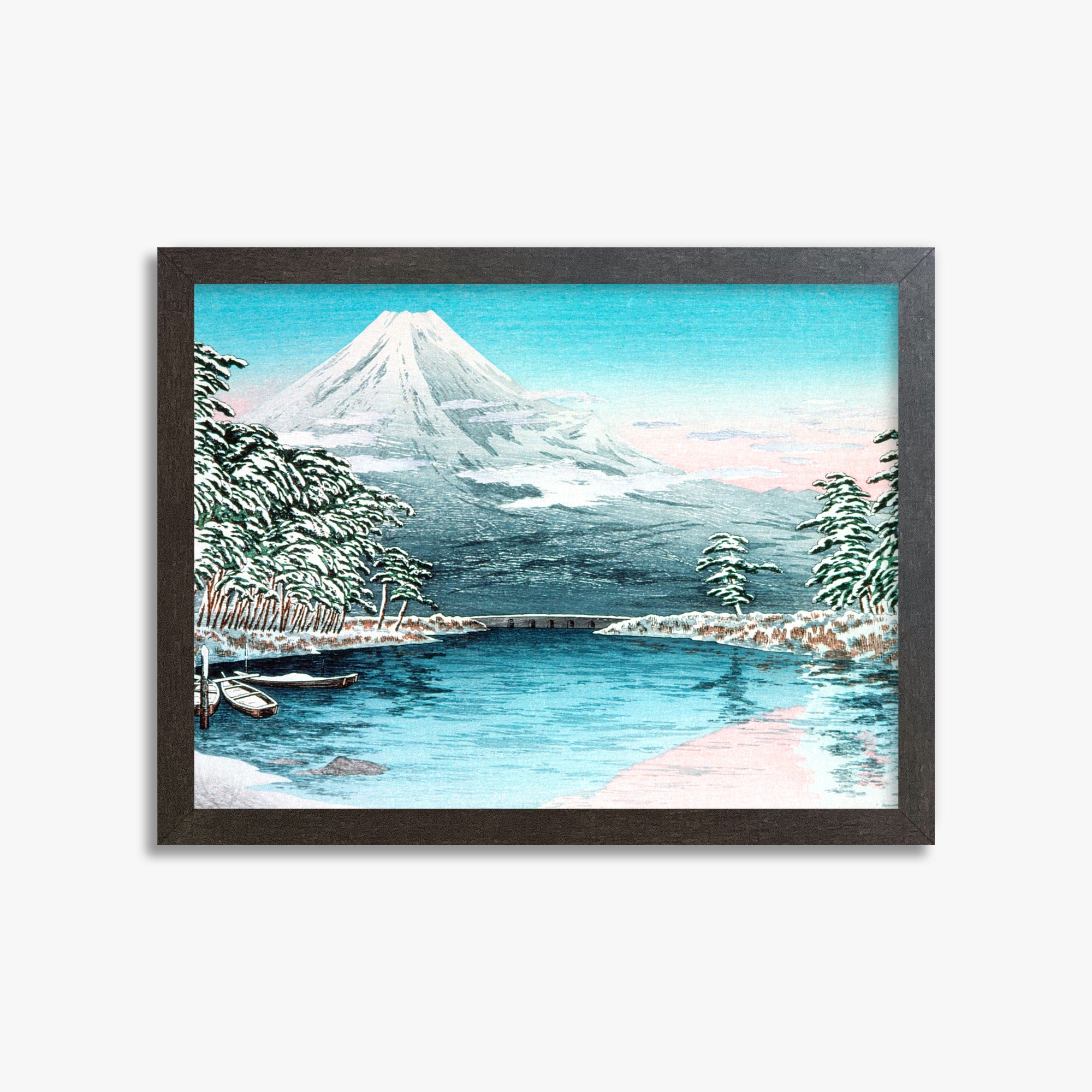 Takahashi Hiroaki (Shōtei): Mt. Fuji from Tagonoura, Snow Scene, 30x40cm Framed Art Reproduction With Espresso Frame