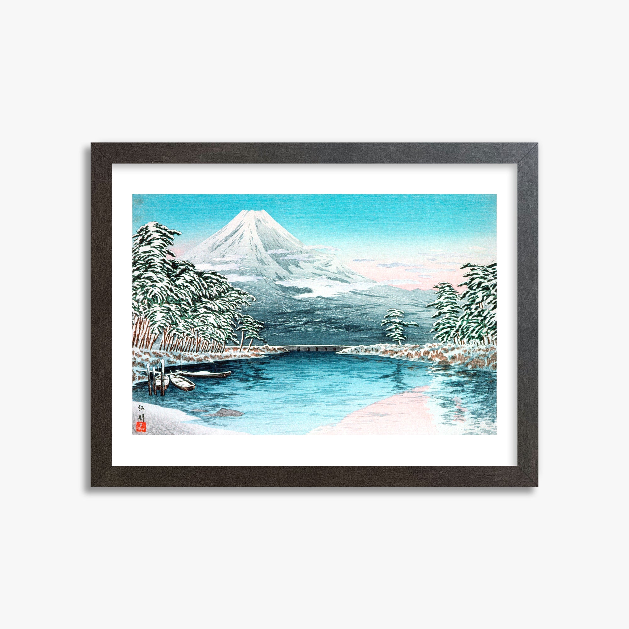 Takahashi Hiroaki (Shōtei): Mt. Fuji from Tagonoura, Snow Scene, 30x40cm Framed Art Reproduction With Espresso Frame