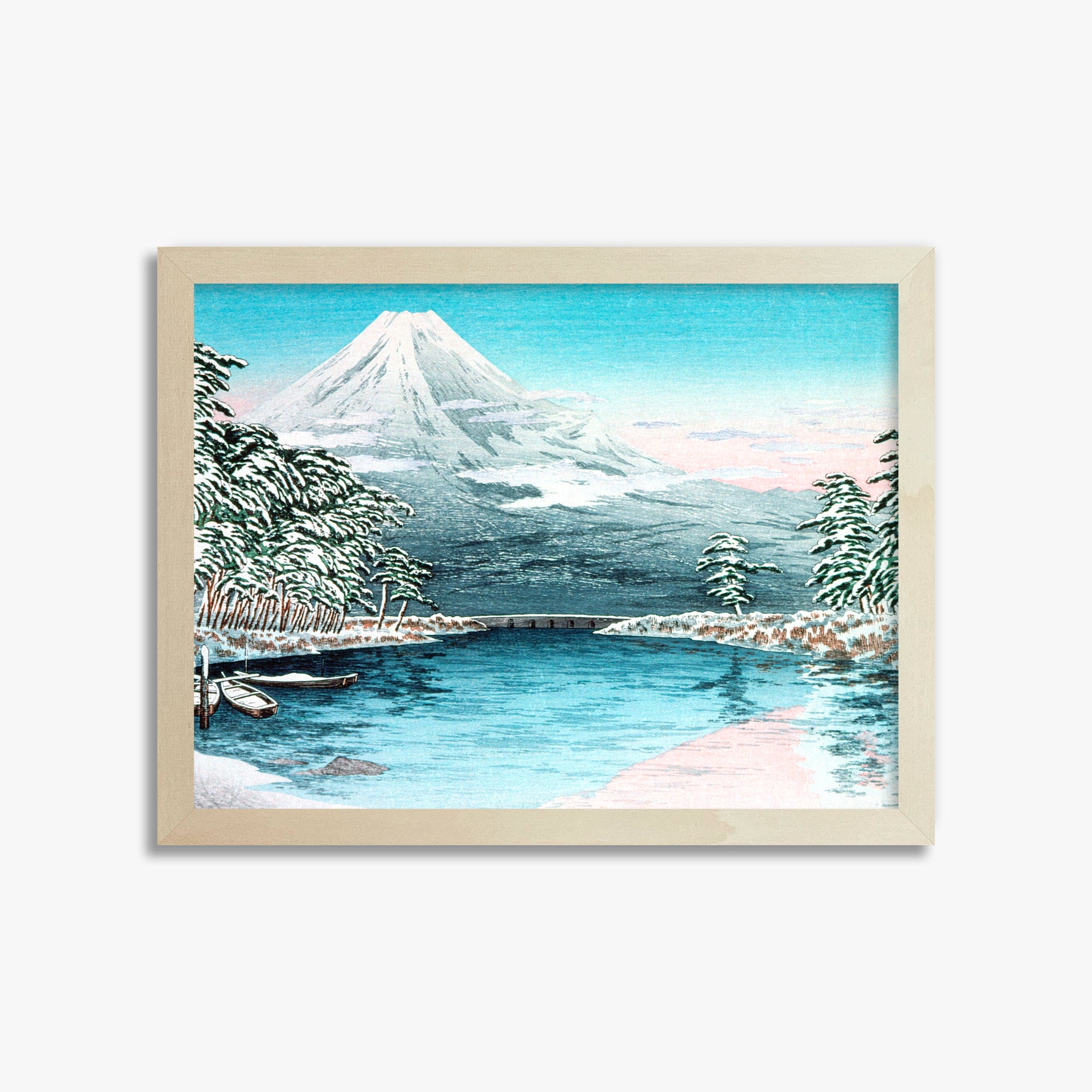 Takahashi Hiroaki (Shōtei): Mt. Fuji from Tagonoura, Snow Scene, 30x40cm Framed Art Reproduction With Lime Wood Frame