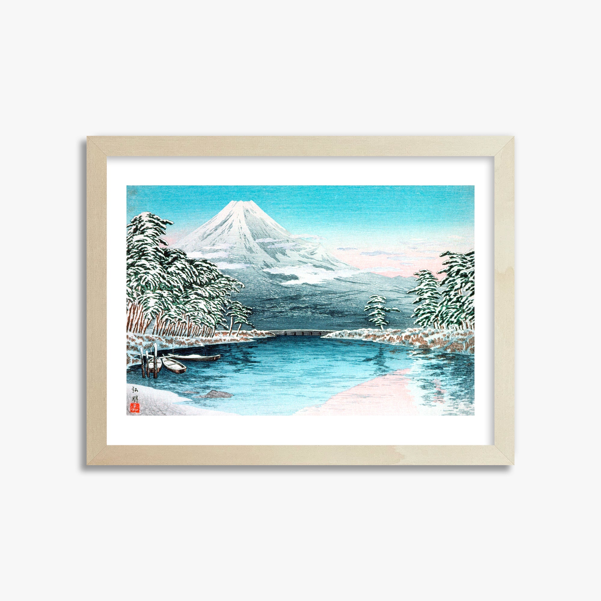 Takahashi Hiroaki (Shōtei): Mt. Fuji from Tagonoura, Snow Scene, 30x40cm Framed Art Reproduction With Lime Wood Frame