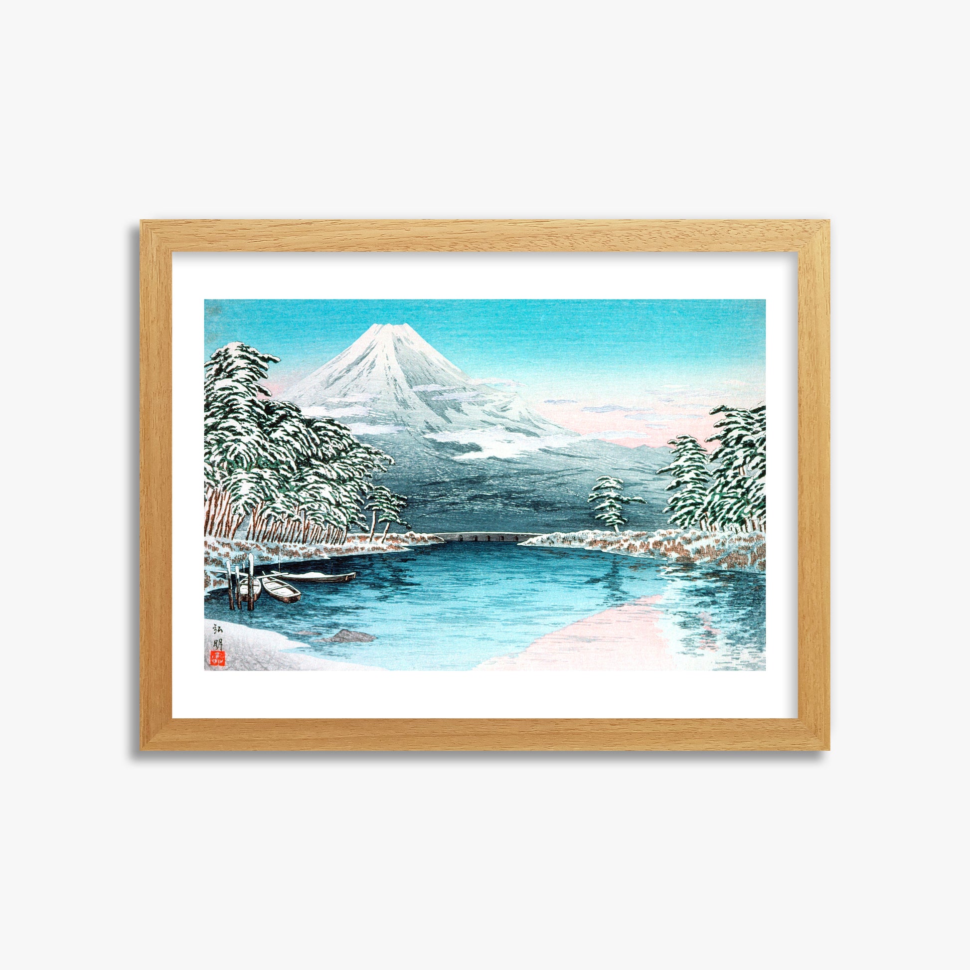 Takahashi Hiroaki (Shōtei): Mt. Fuji from Tagonoura, Snow Scene, 30x40cm Framed Art Reproduction With Oak Frame