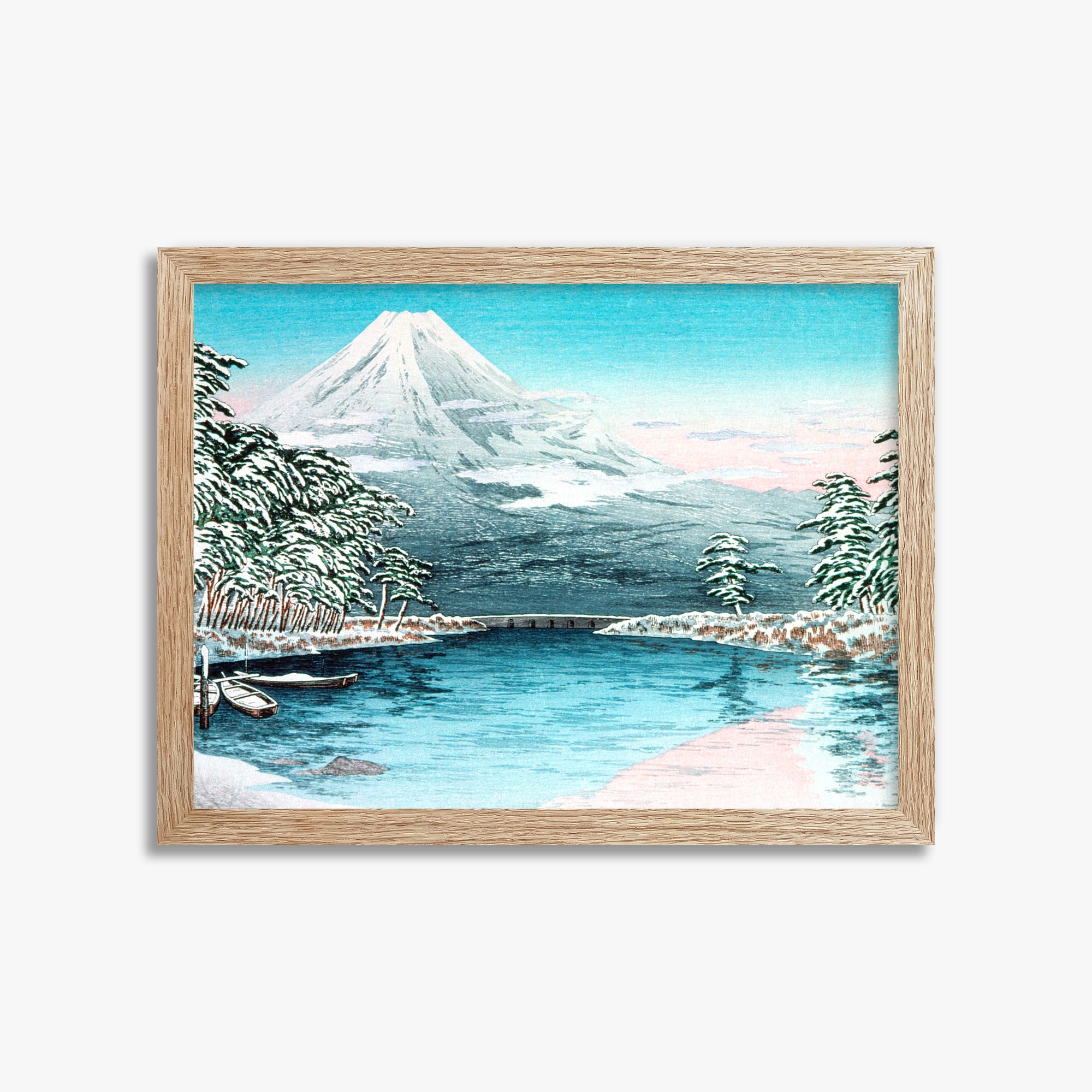 Takahashi Hiroaki (Shōtei): Mt. Fuji from Tagonoura, Snow Scene, 30x40cm Framed Art Reproduction With Raw Oak Frame
