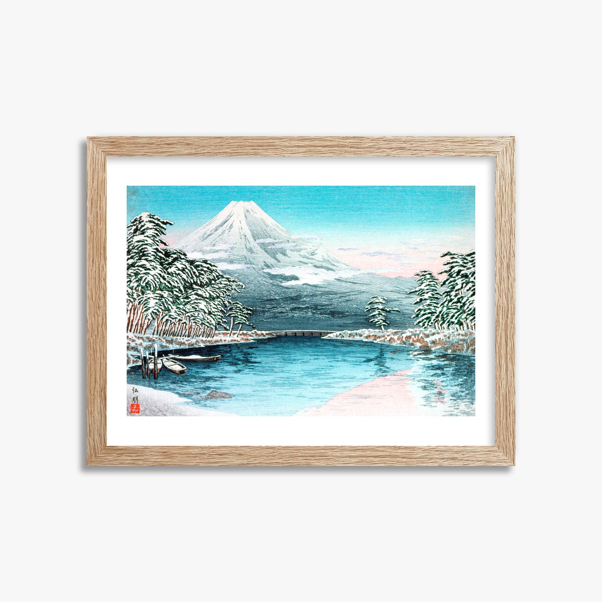 Takahashi Hiroaki (Shōtei): Mt. Fuji from Tagonoura, Snow Scene, 30x40cm Framed Art Reproduction With Raw Oak Frame