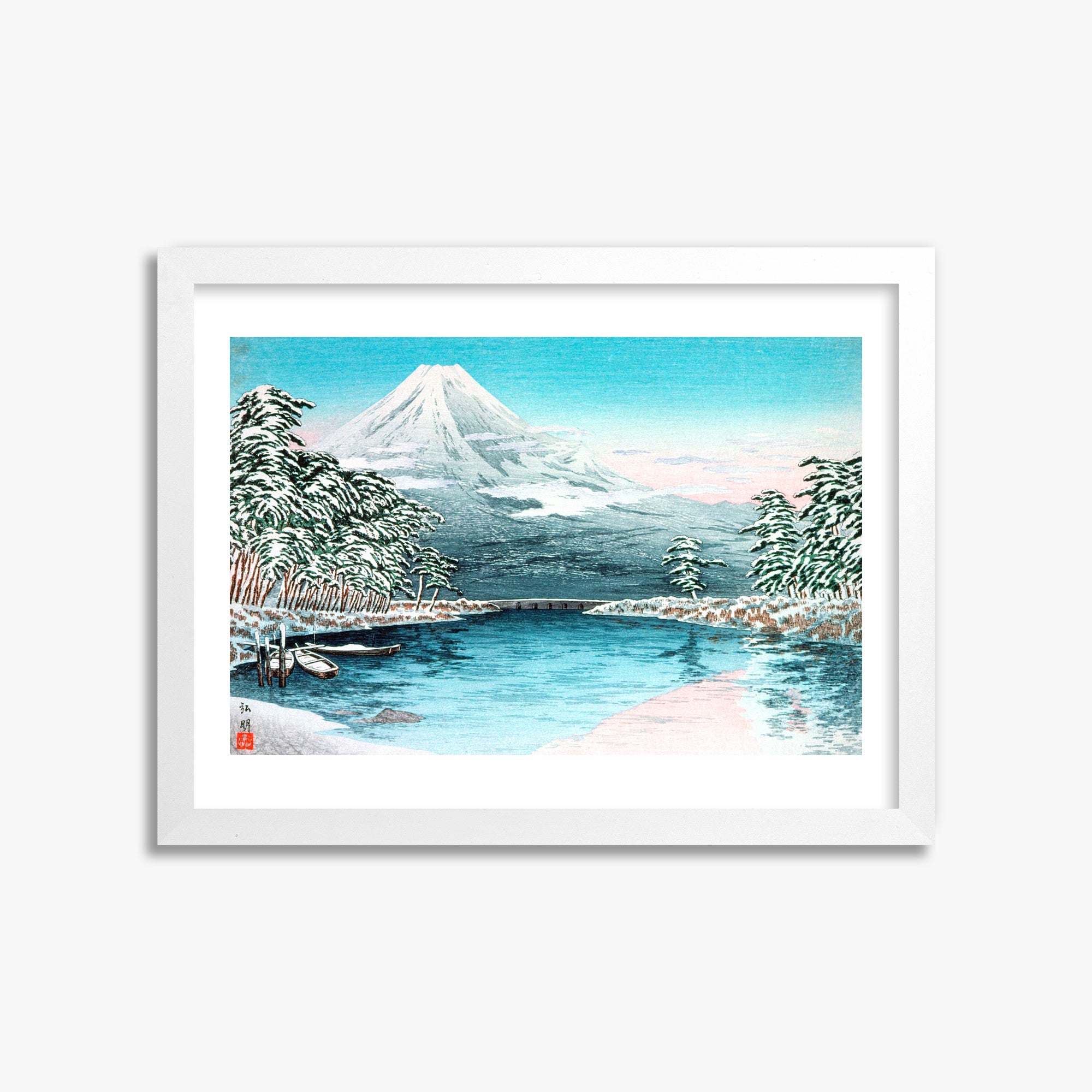 Takahashi Hiroaki (Shōtei): Mt. Fuji from Tagonoura, Snow Scene, 30x40cm Framed Art Reproduction With White Frame