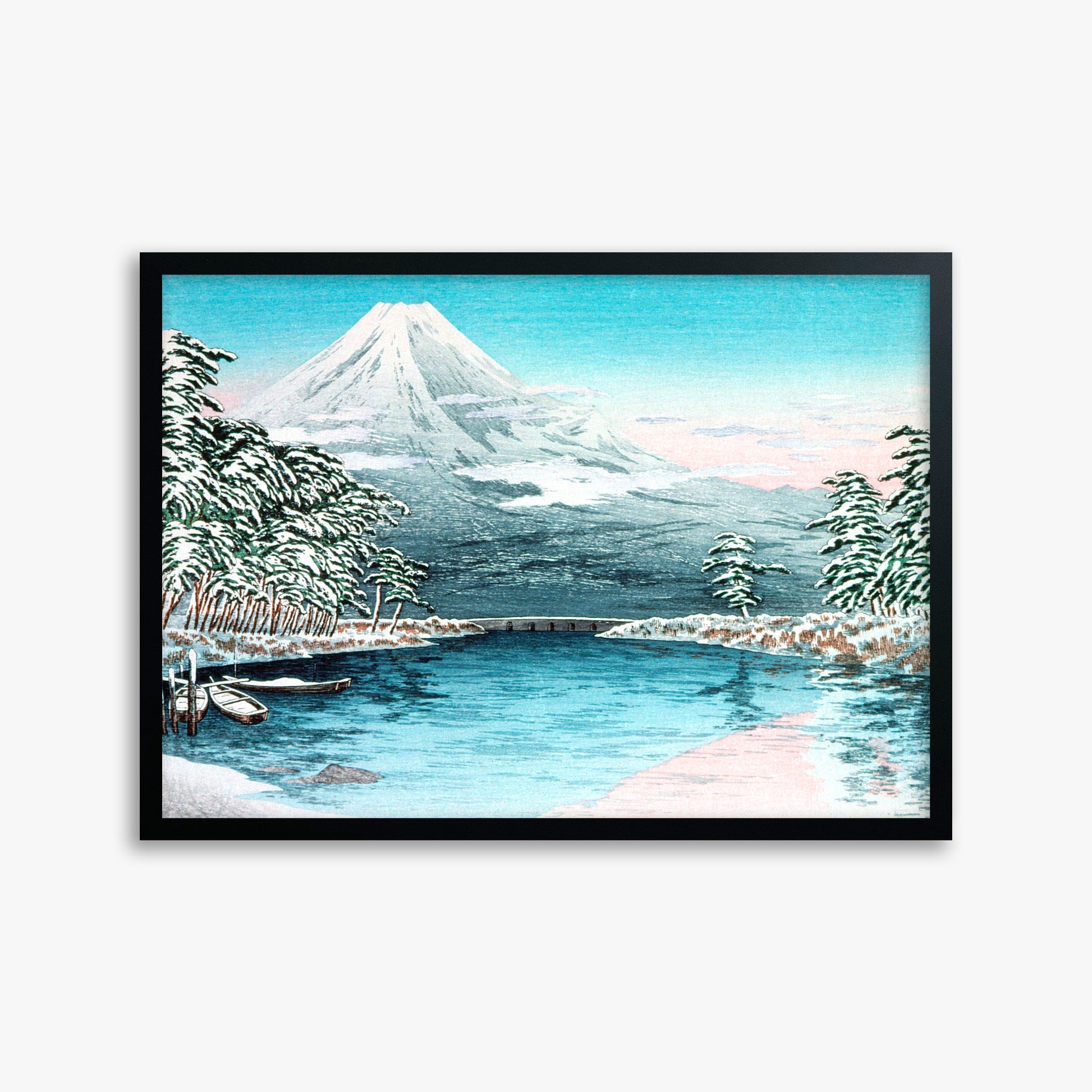 Takahashi Hiroaki (Shōtei): Mt. Fuji from Tagonoura, Snow Scene, 50x70cm Framed Art Reproduction With Black Frame