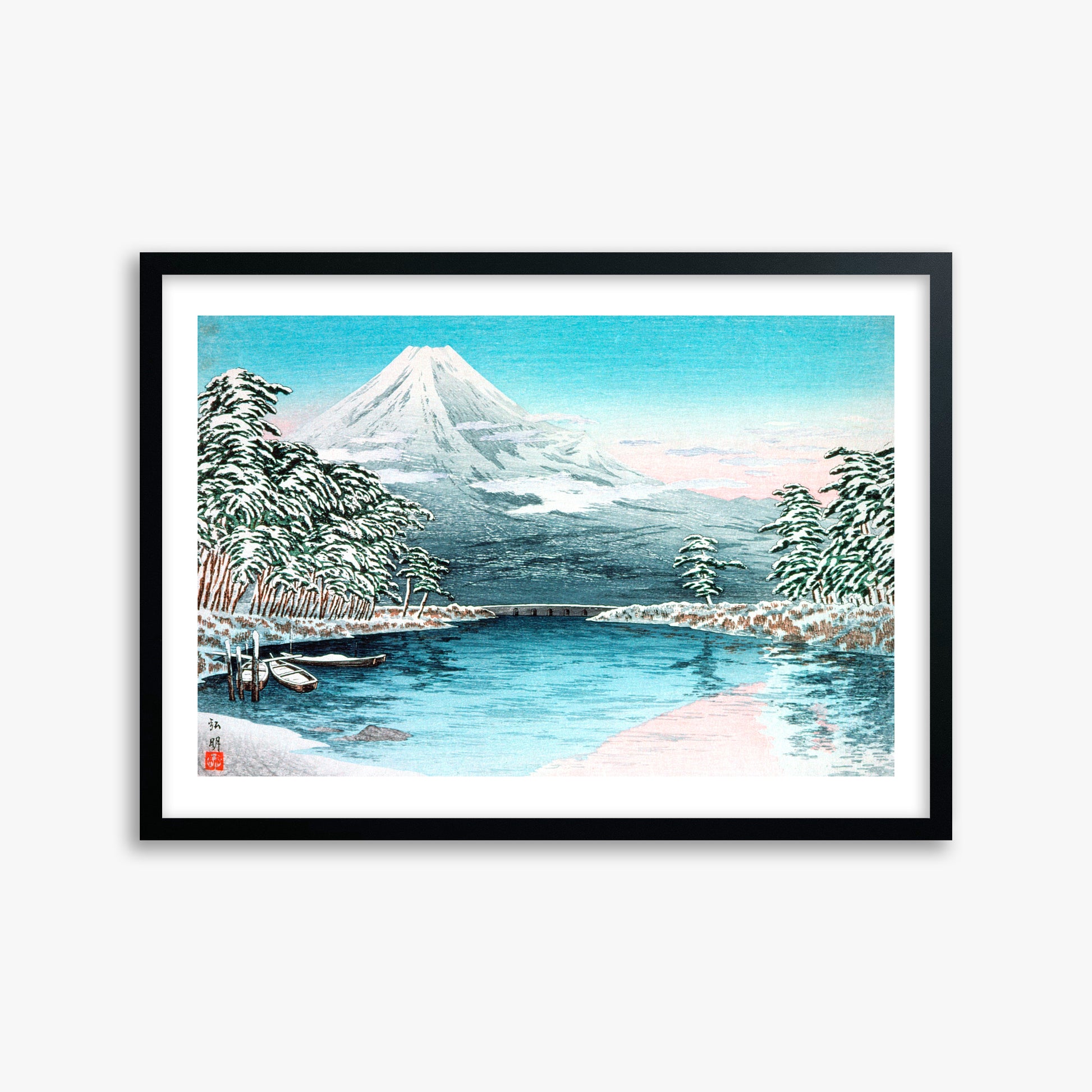 Takahashi Hiroaki (Shōtei): Mt. Fuji from Tagonoura, Snow Scene, 50x70cm Framed Art Reproduction With Black Frame