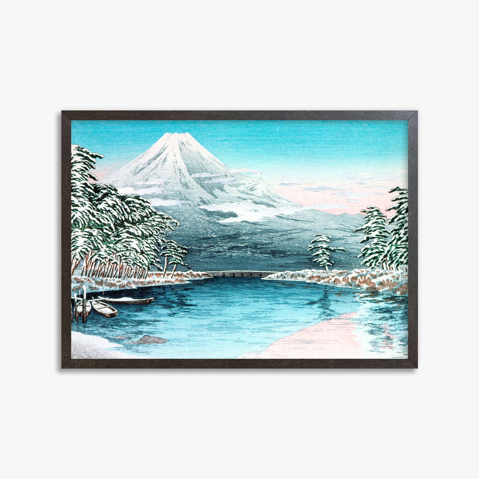 Takahashi Hiroaki (Shōtei): Mt. Fuji from Tagonoura, Snow Scene, 50x70cm Framed Art Reproduction With Espresso Frame