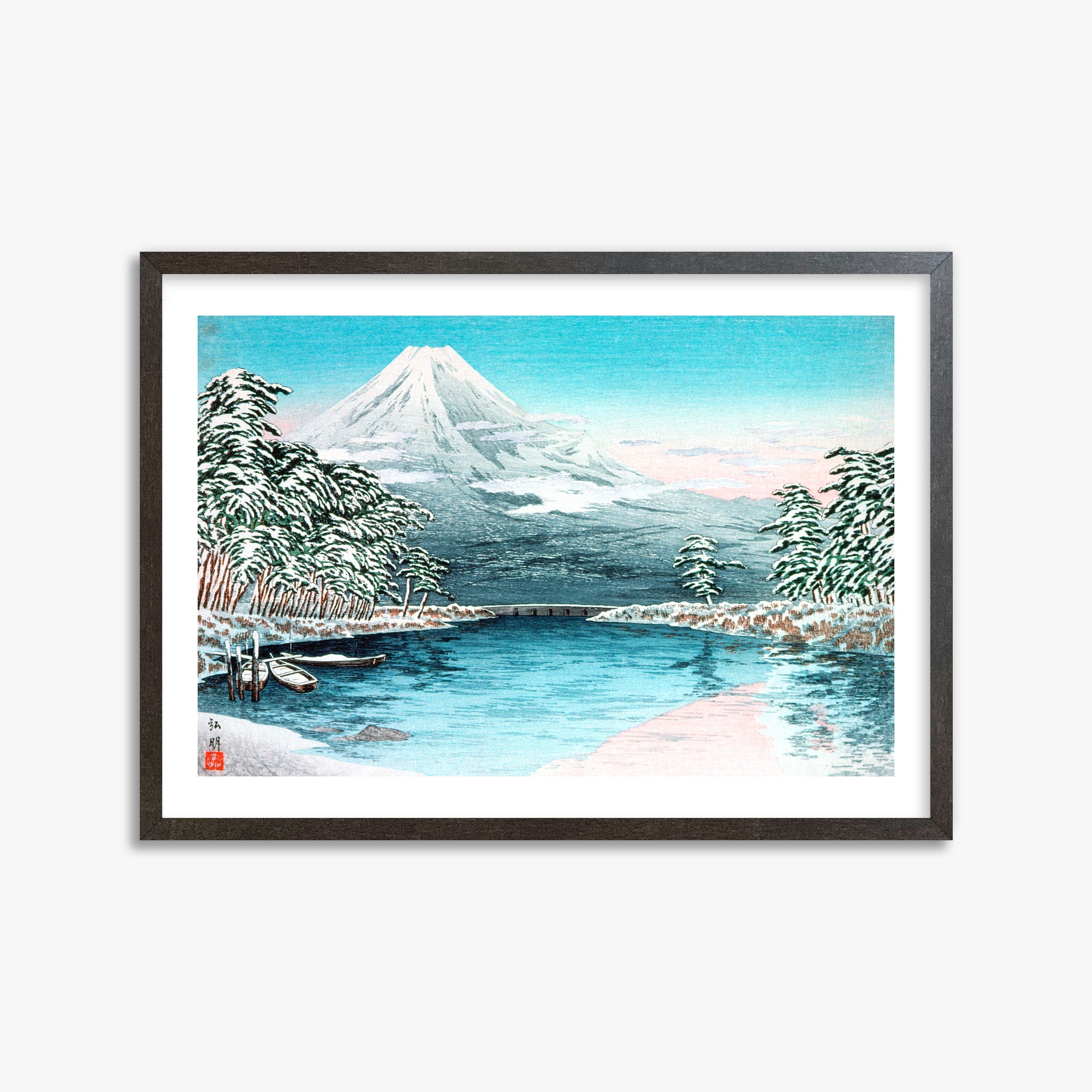 Takahashi Hiroaki (Shōtei): Mt. Fuji from Tagonoura, Snow Scene, 50x70cm Framed Art Reproduction With Espresso Frame