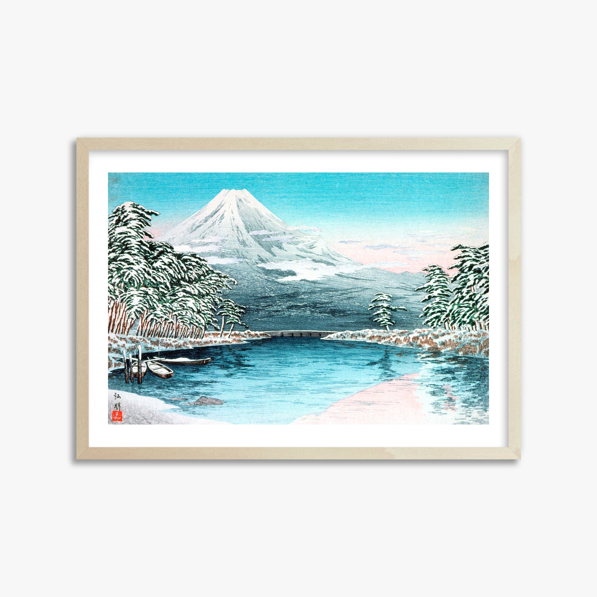 Takahashi Hiroaki (Shōtei): Mt. Fuji from Tagonoura, Snow Scene, 50x70cm Framed Art Reproduction With Lime Wood Frame