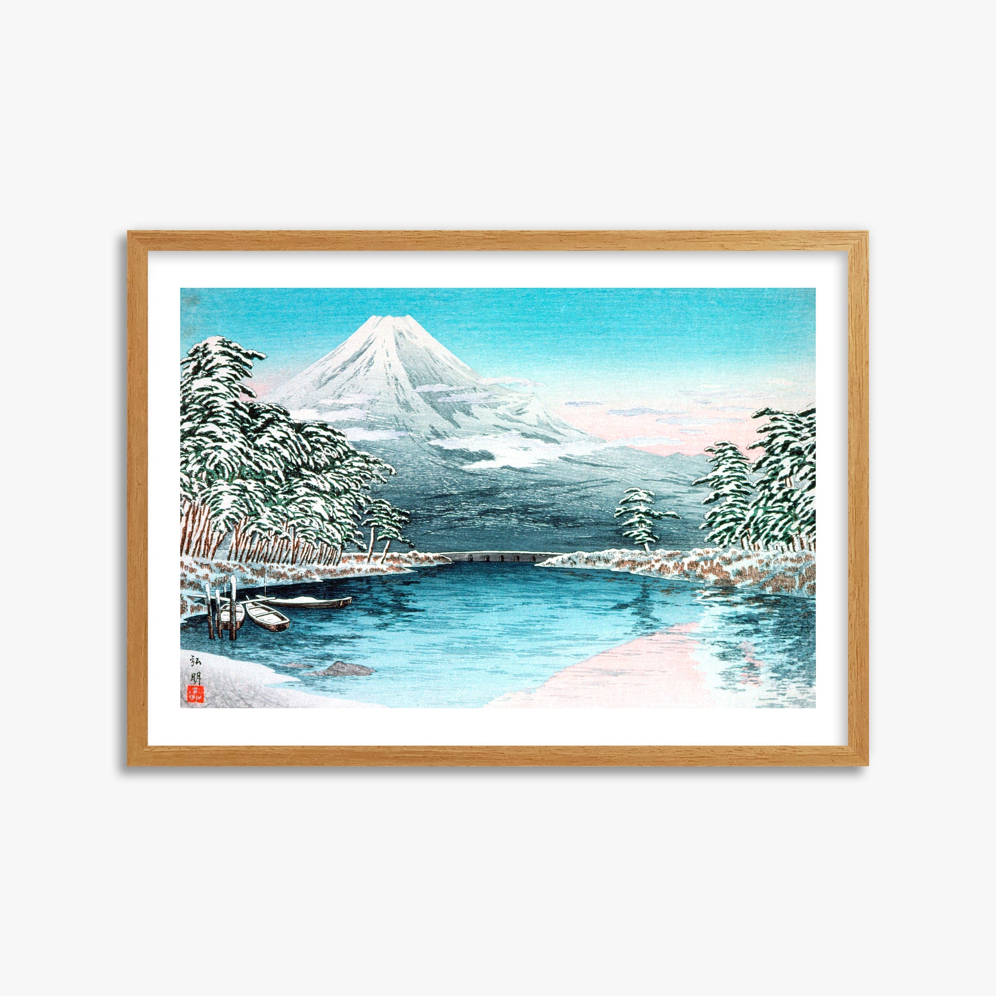 Takahashi Hiroaki (Shōtei): Mt. Fuji from Tagonoura, Snow Scene, 50x70cm Framed Art Reproduction With Oak Frame