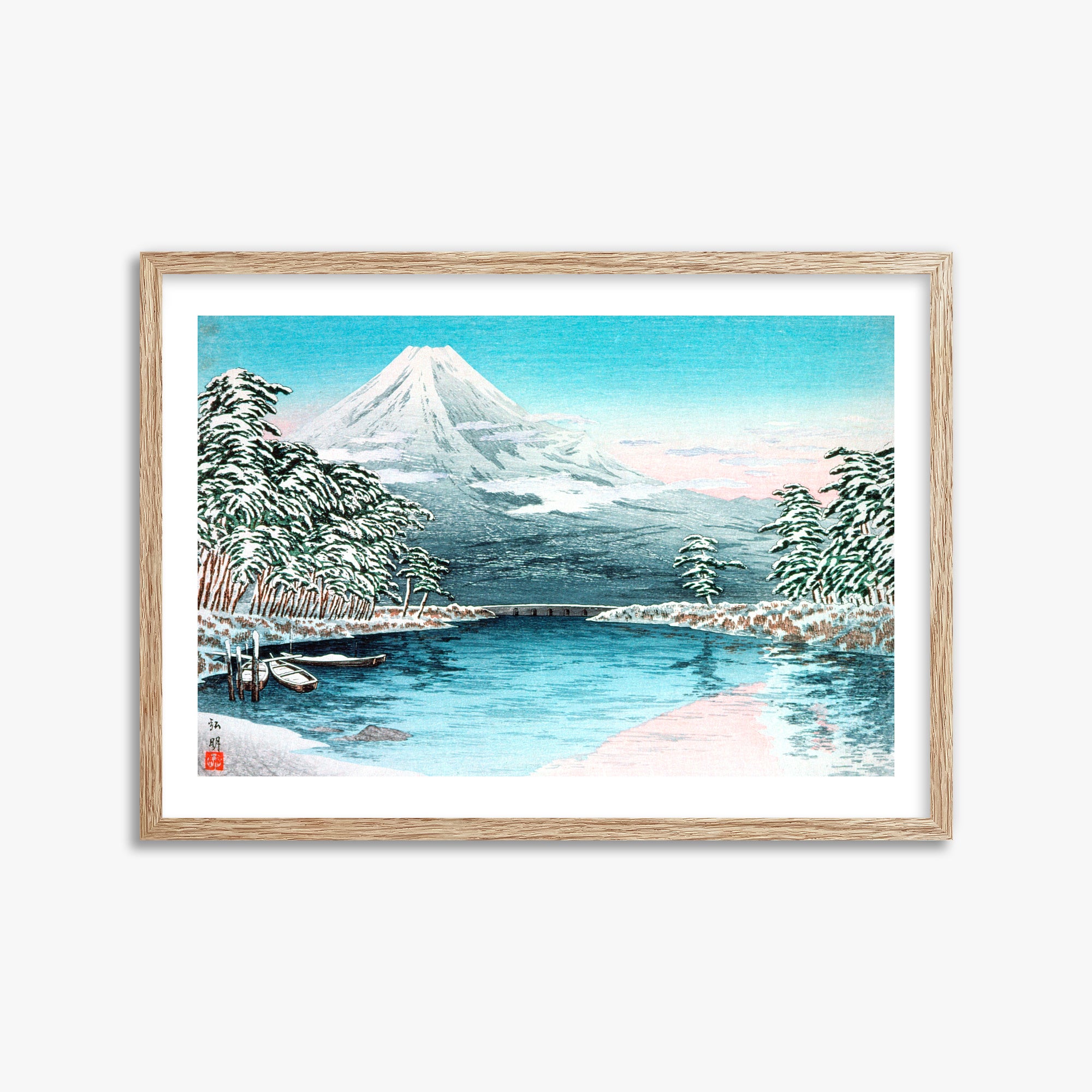Takahashi Hiroaki (Shōtei): Mt. Fuji from Tagonoura, Snow Scene, 50x70cm Framed Art Reproduction With Raw Oak Frame
