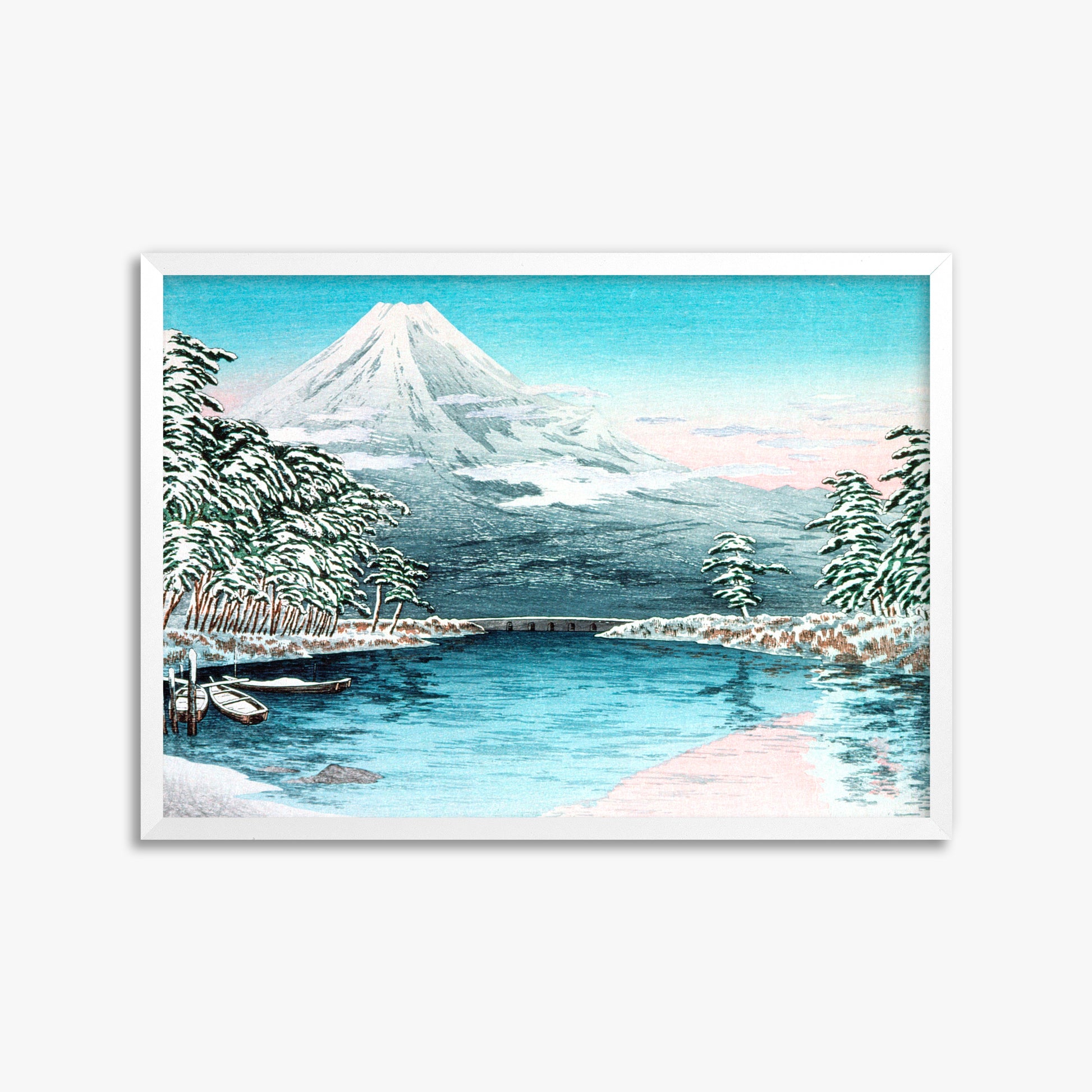Takahashi Hiroaki (Shōtei): Mt. Fuji from Tagonoura, Snow Scene, 50x70cm Framed Art Reproduction With White Frame