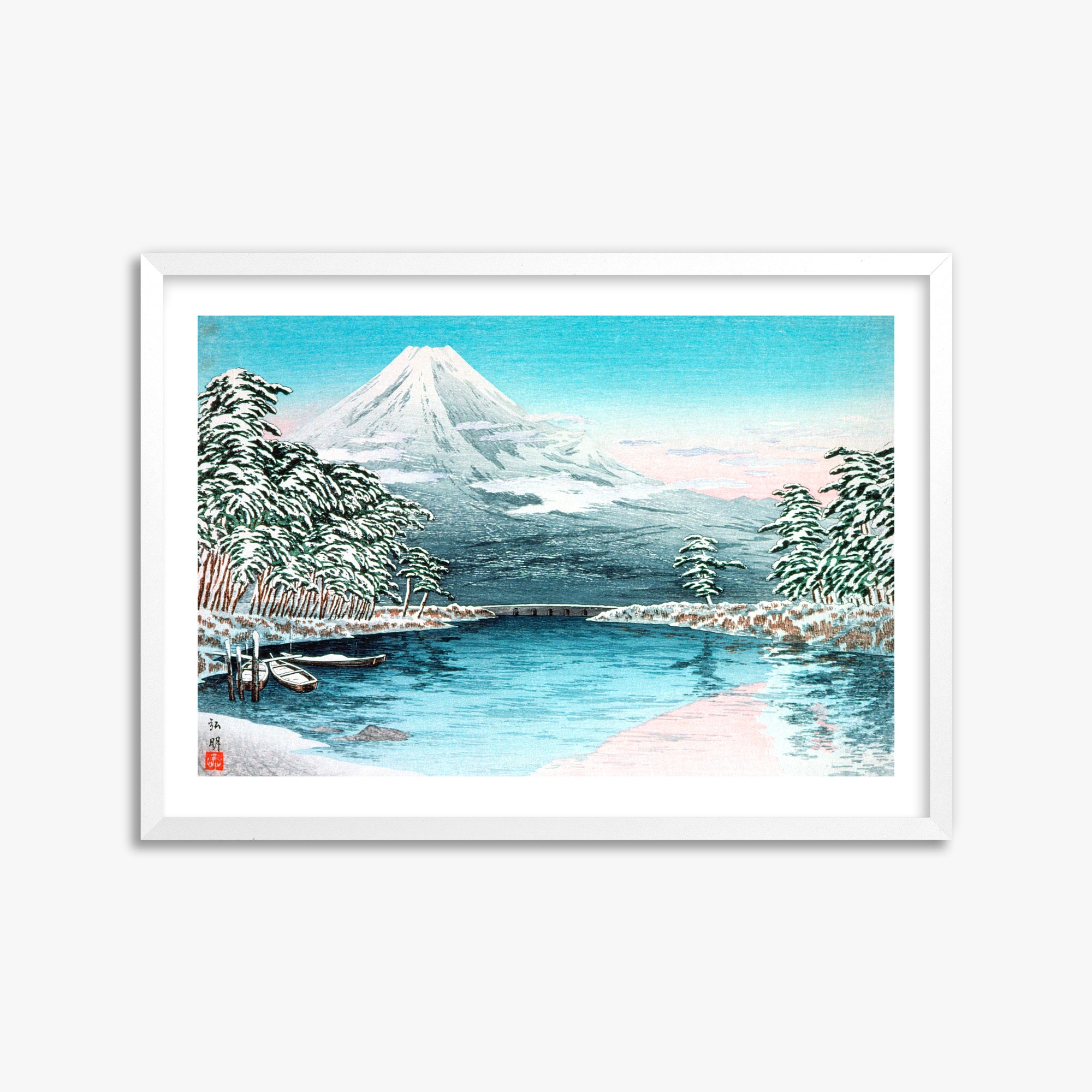 Takahashi Hiroaki (Shōtei): Mt. Fuji from Tagonoura, Snow Scene, 50x70cm Framed Art Reproduction With White Frame