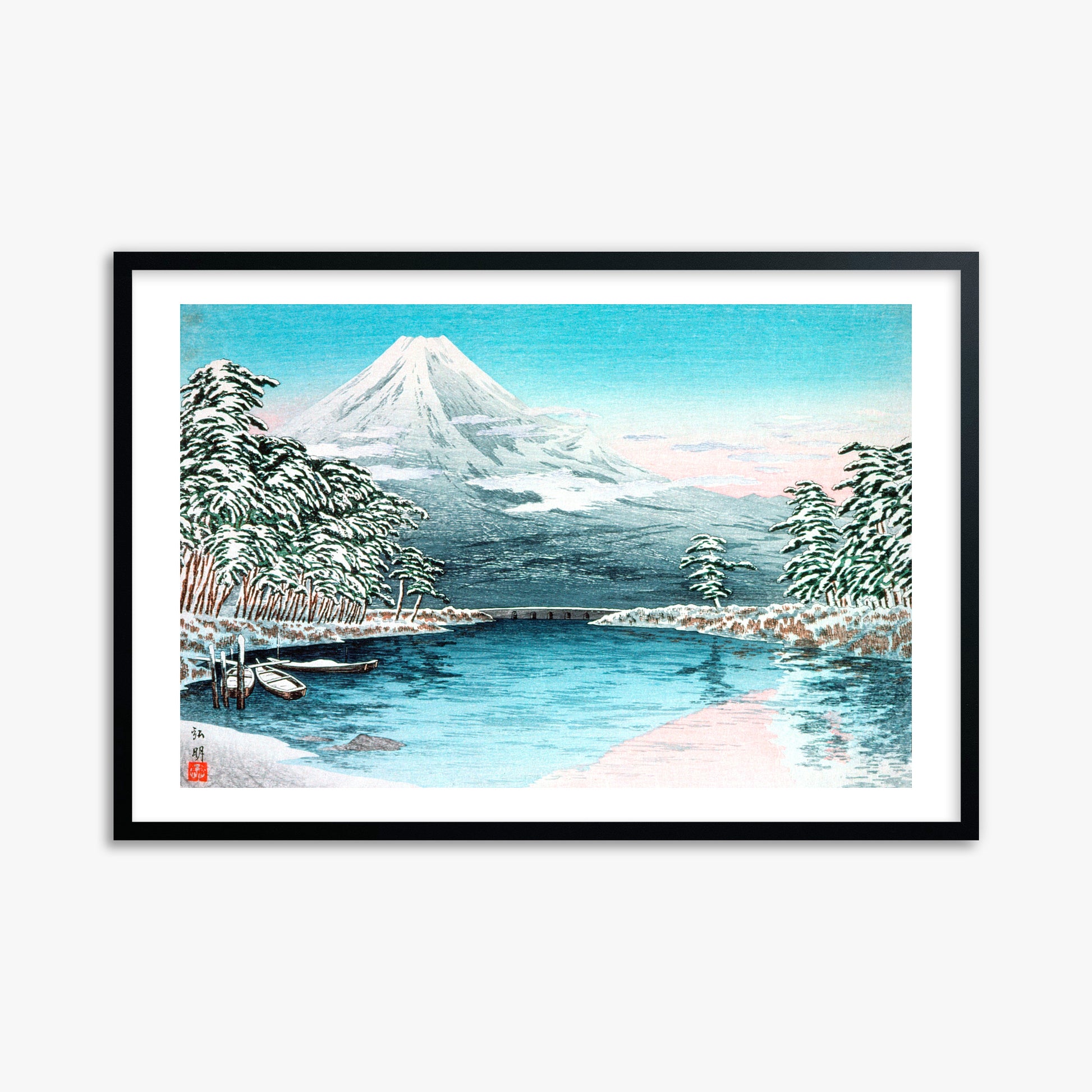Takahashi Hiroaki (Shōtei): Mt. Fuji from Tagonoura, Snow Scene, 61x91cm Framed Art Reproduction With Black Frame