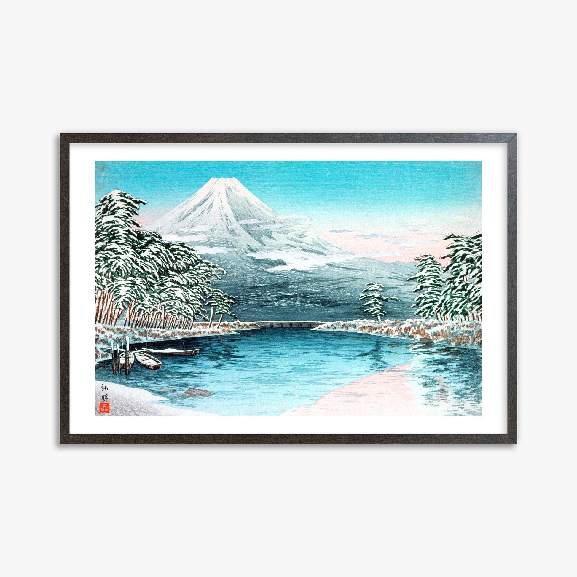 Takahashi Hiroaki (Shōtei): Mt. Fuji from Tagonoura, Snow Scene, 61x91cm Framed Art Reproduction With Espresso Frame