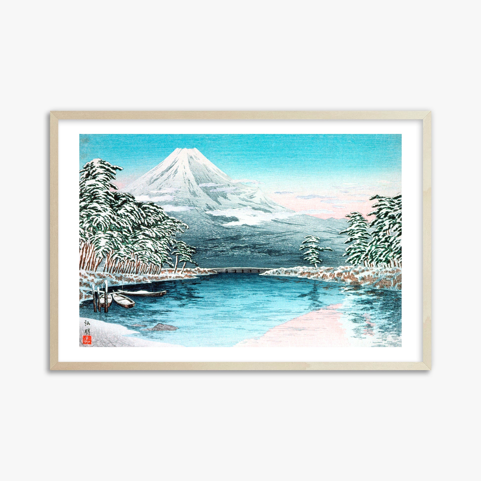 Takahashi Hiroaki (Shōtei): Mt. Fuji from Tagonoura, Snow Scene, 61x91cm Framed Art Reproduction With Lime Wood Frame