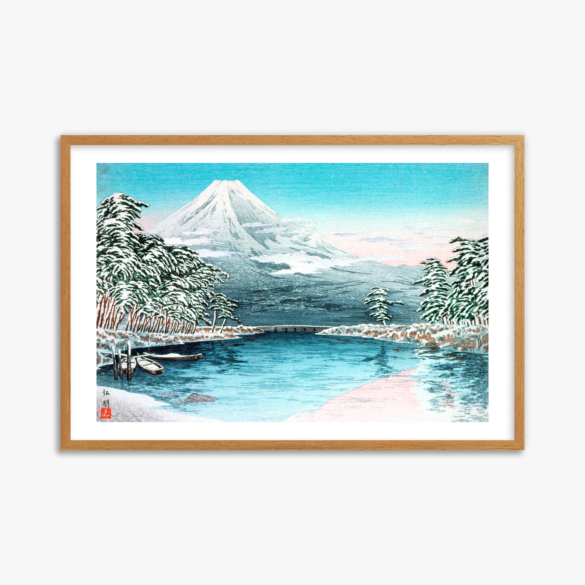 Takahashi Hiroaki (Shōtei): Mt. Fuji from Tagonoura, Snow Scene, 61x91cm Framed Art Reproduction With Oak Frame