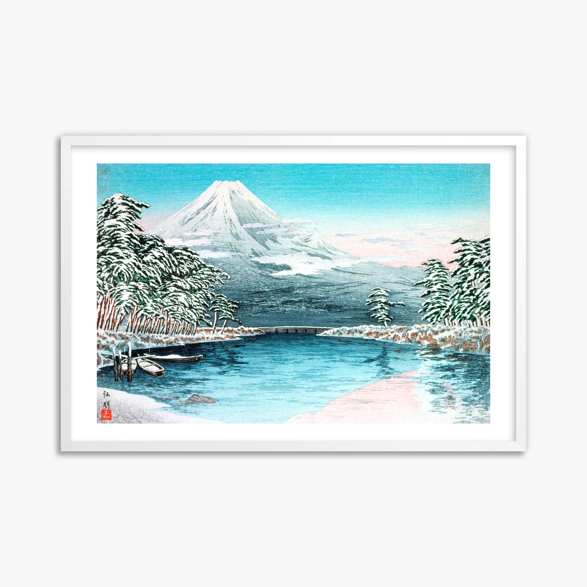 Takahashi Hiroaki (Shōtei): Mt. Fuji from Tagonoura, Snow Scene, 61x91cm Framed Art Reproduction With White Frame