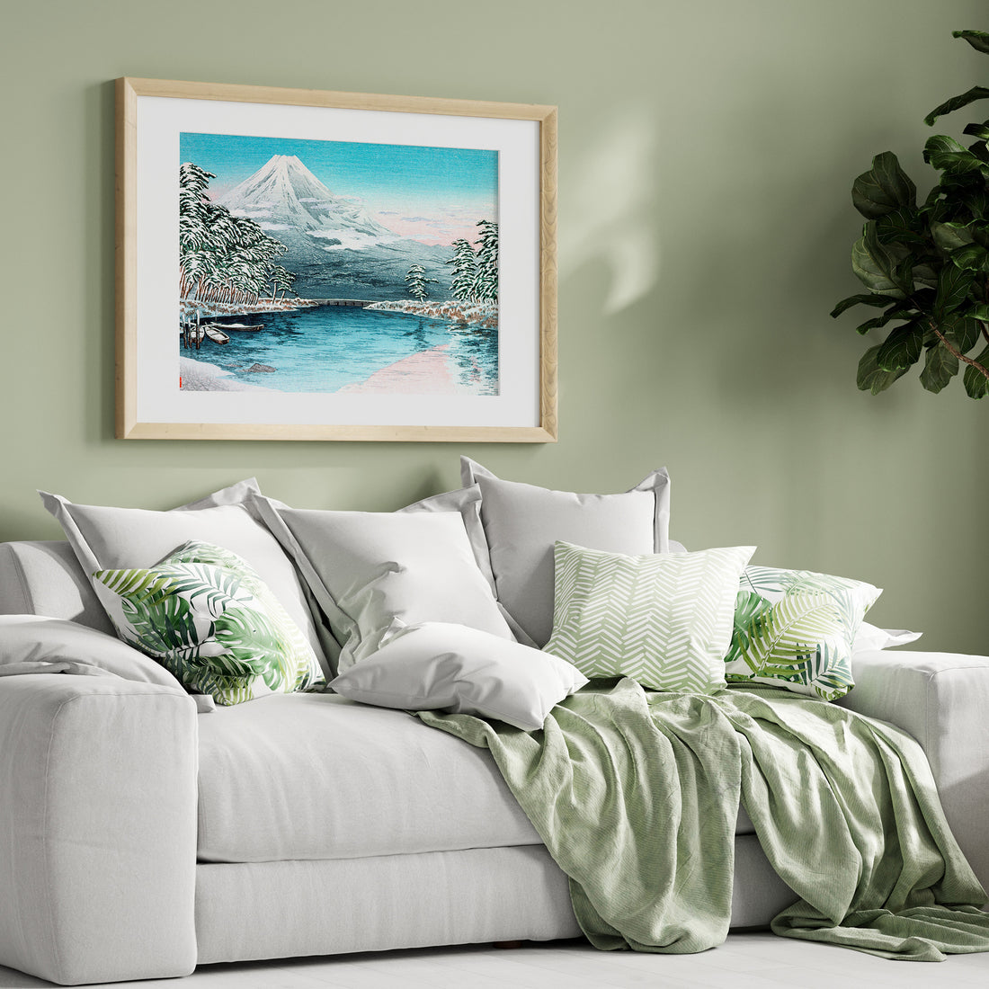 Takahashi Hiroaki (Shōtei): Mt. Fuji from Tagonoura, Snow Scene, 50x70cm Framed Art Reproduction With Black Frame