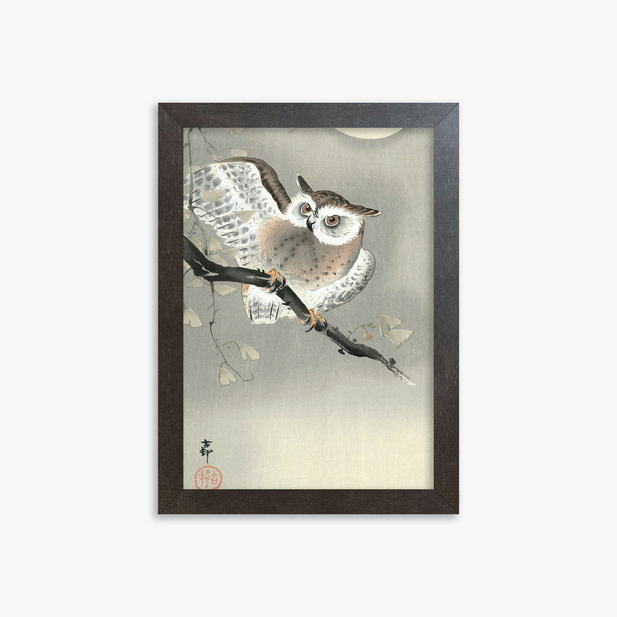 Ohara Koson: Long-Eared Owl in Ginkgo, 21x30cm Framed Art Reproduction With Espresso Frame