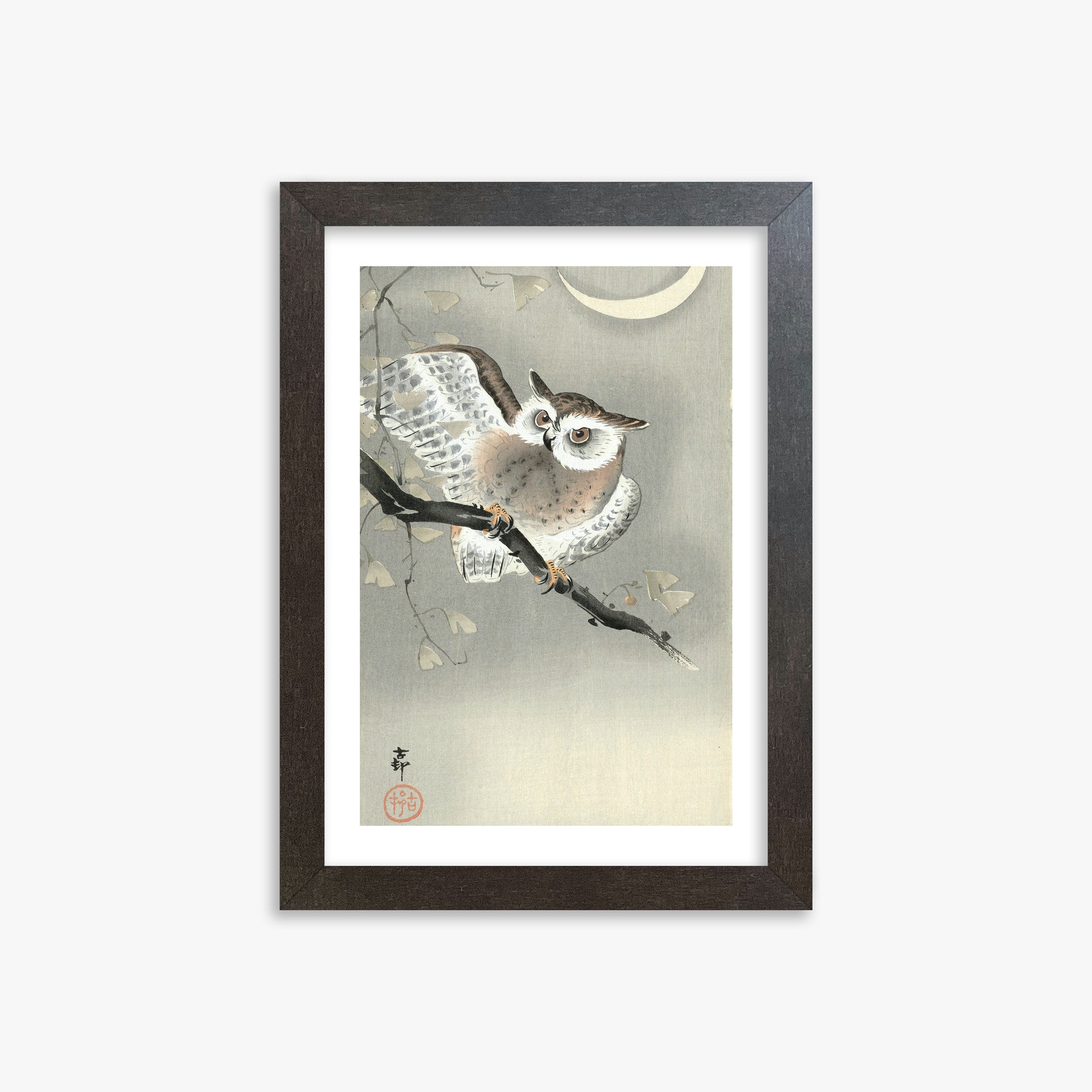 Ohara Koson: Long-Eared Owl in Ginkgo, 21x30cm Framed Art Reproduction With Espresso Frame