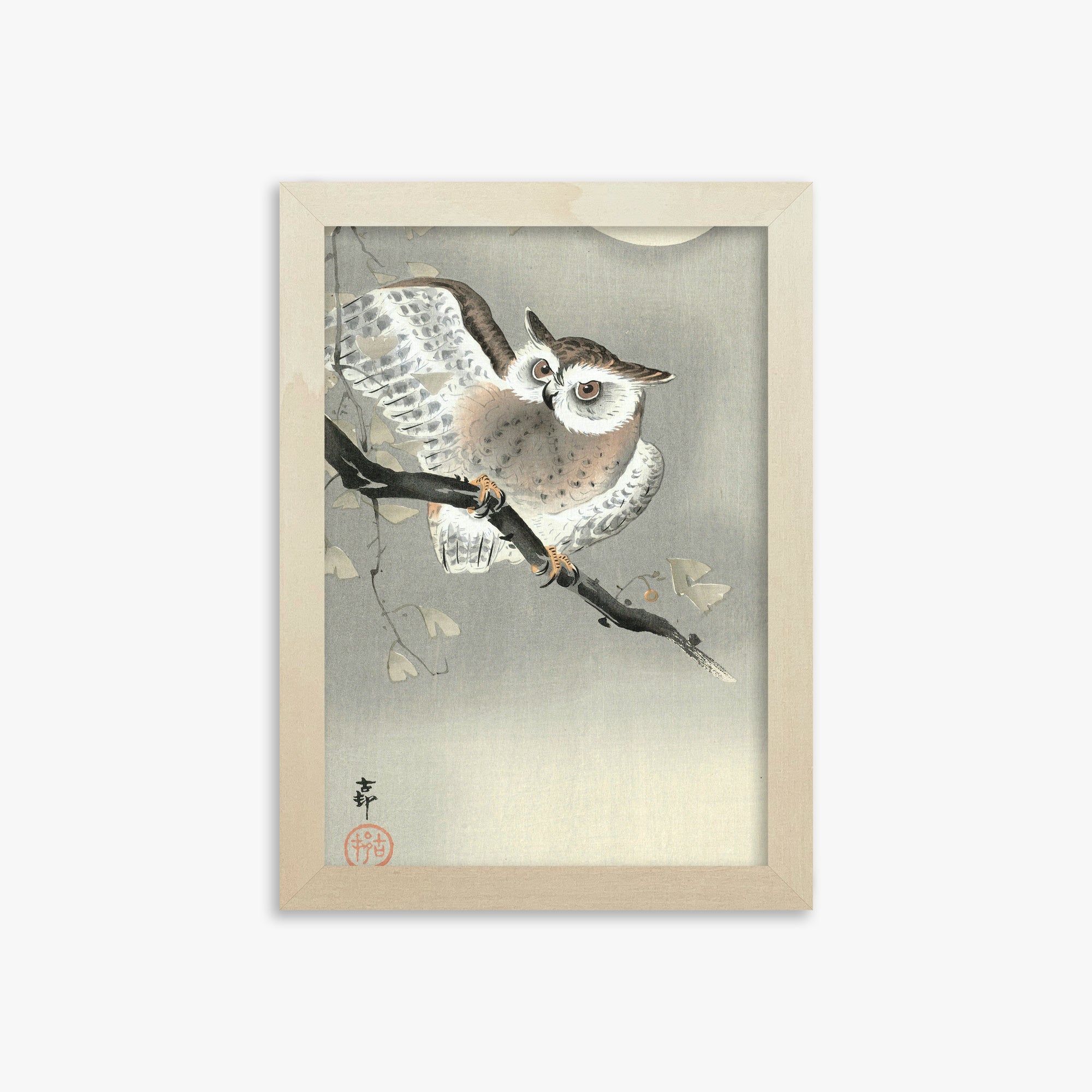 Ohara Koson: Long-Eared Owl in Ginkgo, 21x30cm Framed Art Reproduction With Lime Wood Frame