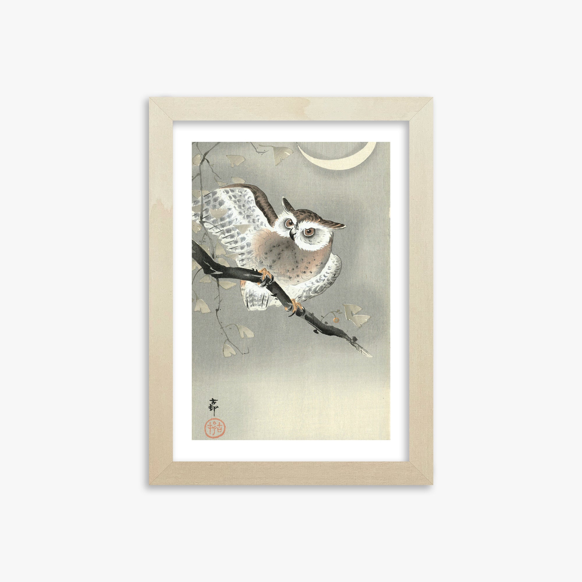 Ohara Koson: Long-Eared Owl in Ginkgo, 21x30cm Framed Art Reproduction With Lime Wood Frame