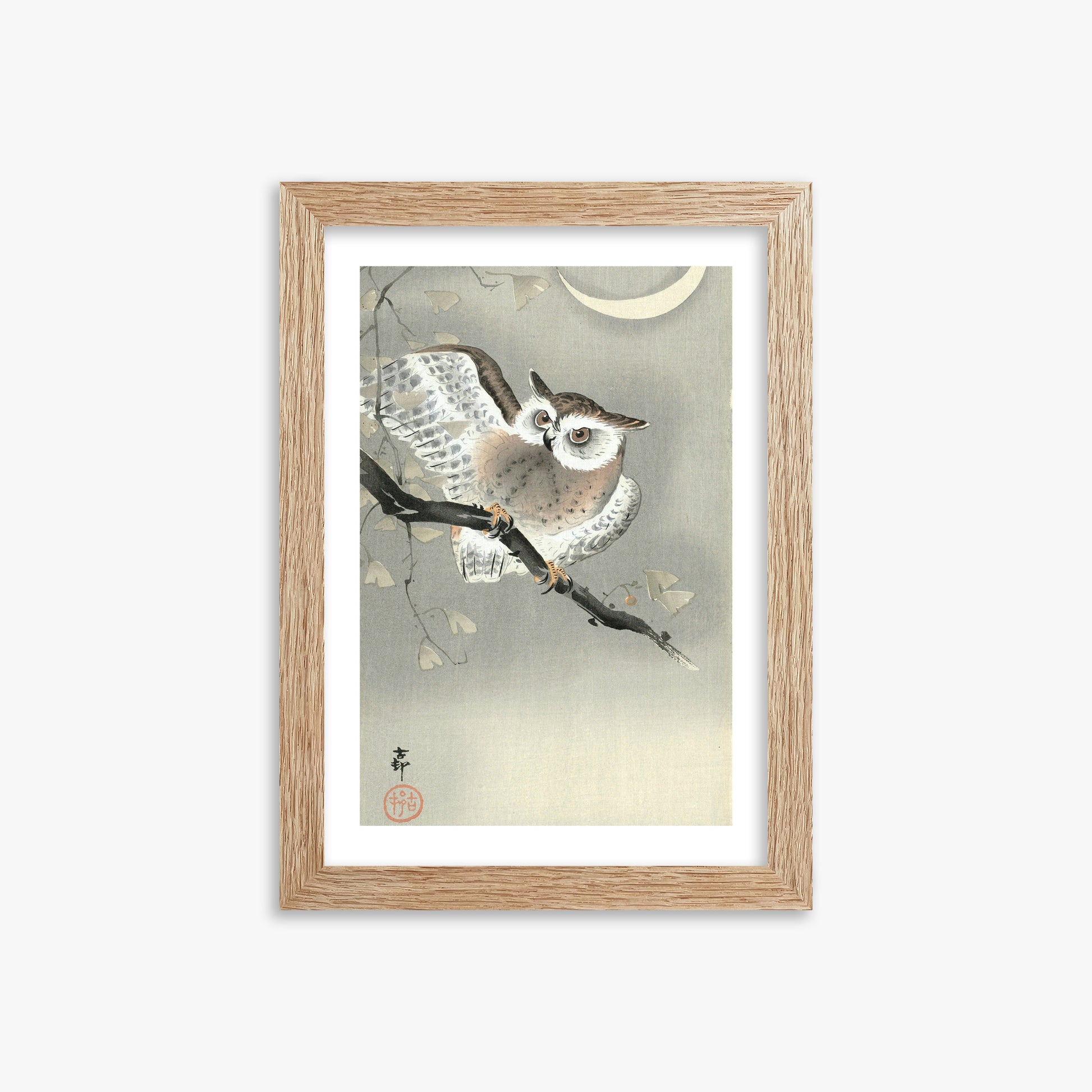 Ohara Koson: Long-Eared Owl in Ginkgo, 21x30cm Framed Art Reproduction With Raw Oak Frame