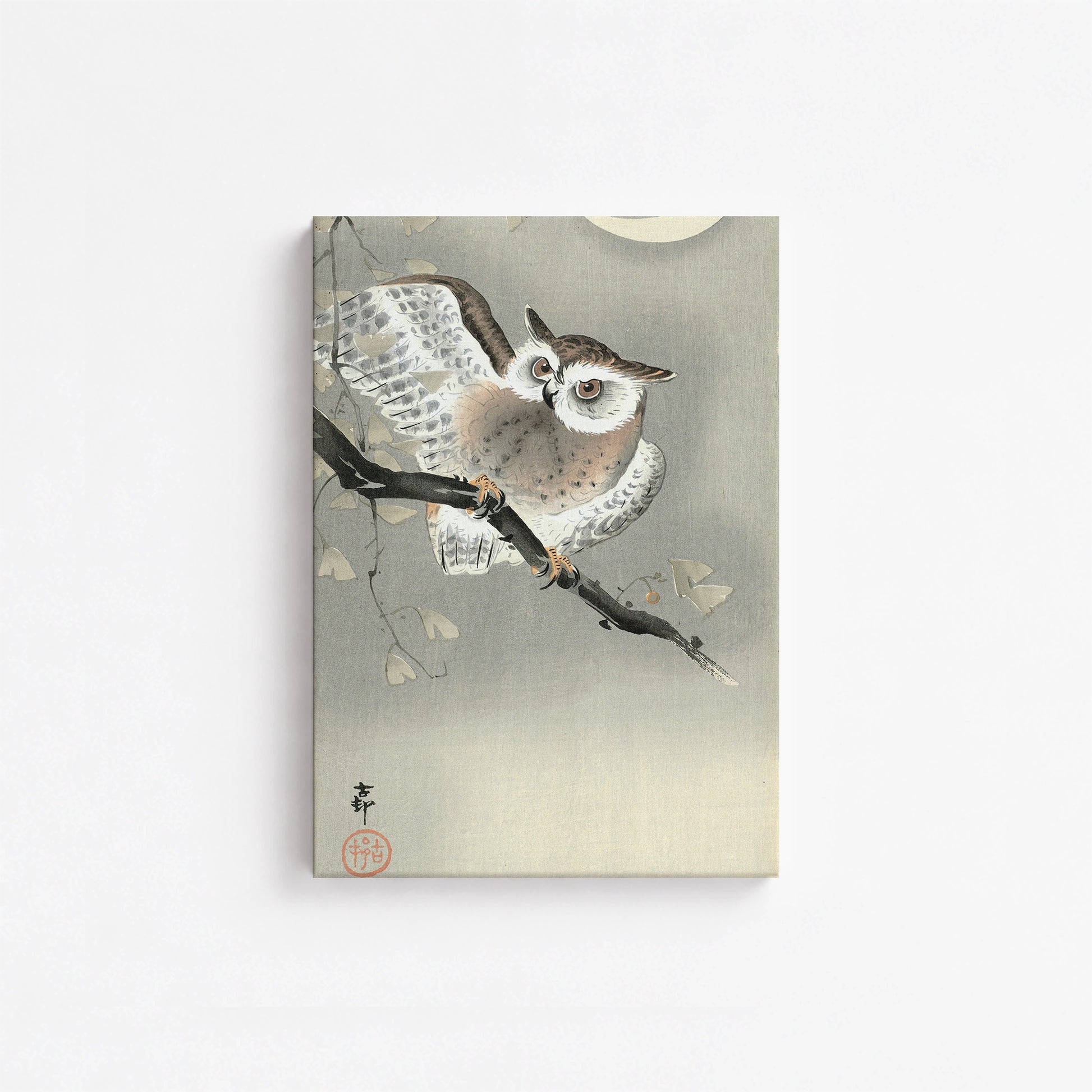 Ohara Koson: Long-Eared Owl in Ginkgo, 21x30cm Satin Canvas Art Reproduction