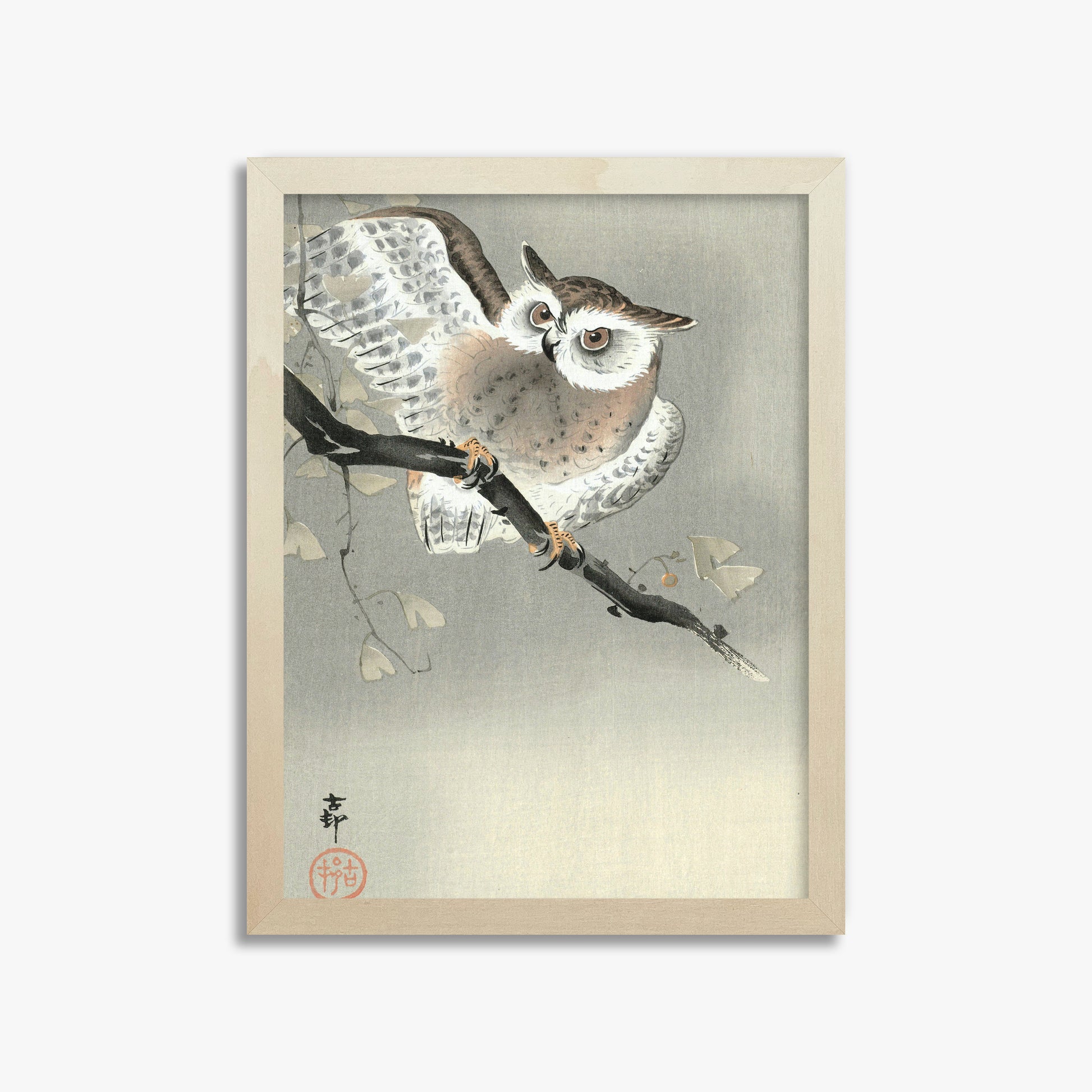 Ohara Koson: Long-Eared Owl in Ginkgo, 30x40cm Framed Art Reproduction With Lime Wood Frame