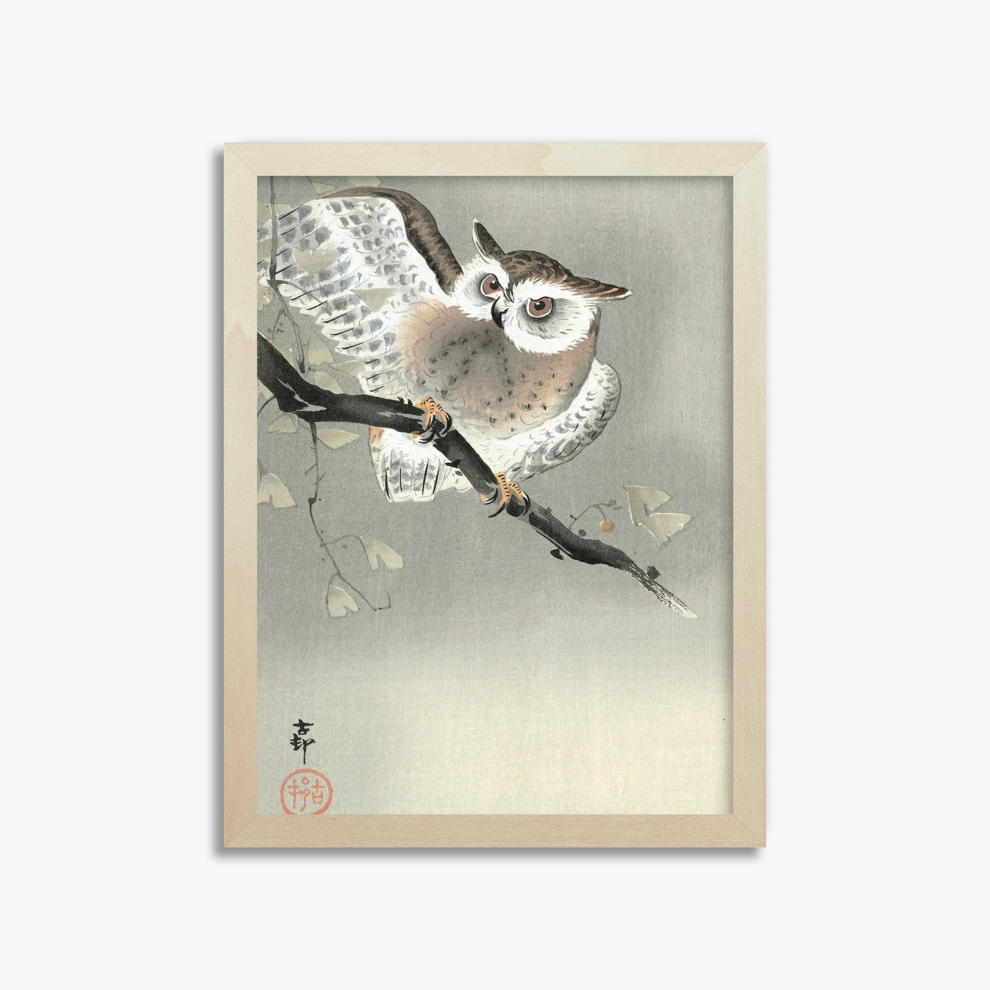 Ohara Koson: Long-Eared Owl in Ginkgo, 30x40cm Framed Art Reproduction With Lime Wood Frame