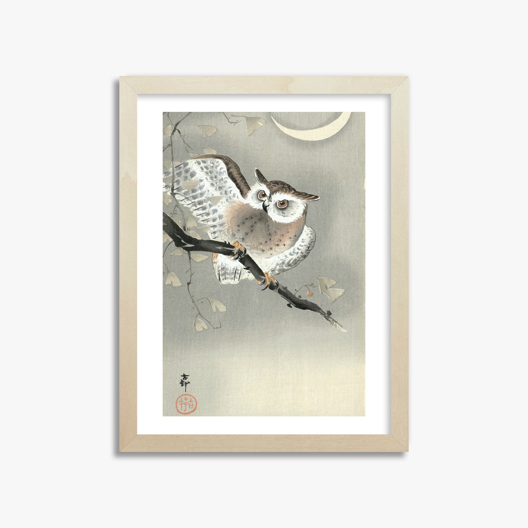 Ohara Koson: Long-Eared Owl in Ginkgo, 30x40cm Framed Art Reproduction With Lime Wood Frame