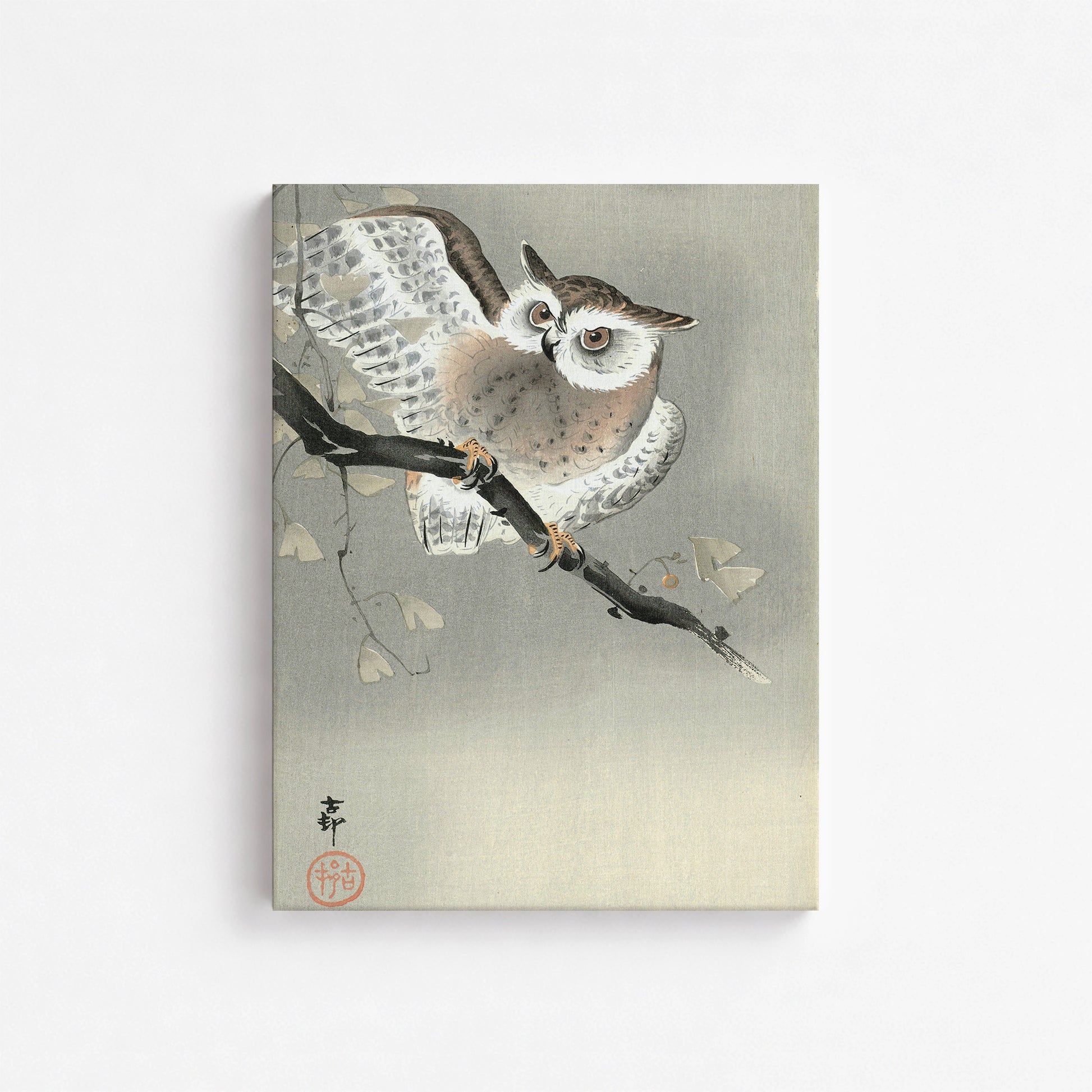 Ohara Koson: Long-Eared Owl in Ginkgo, 30x40cm Satin Canvas Art Reproduction