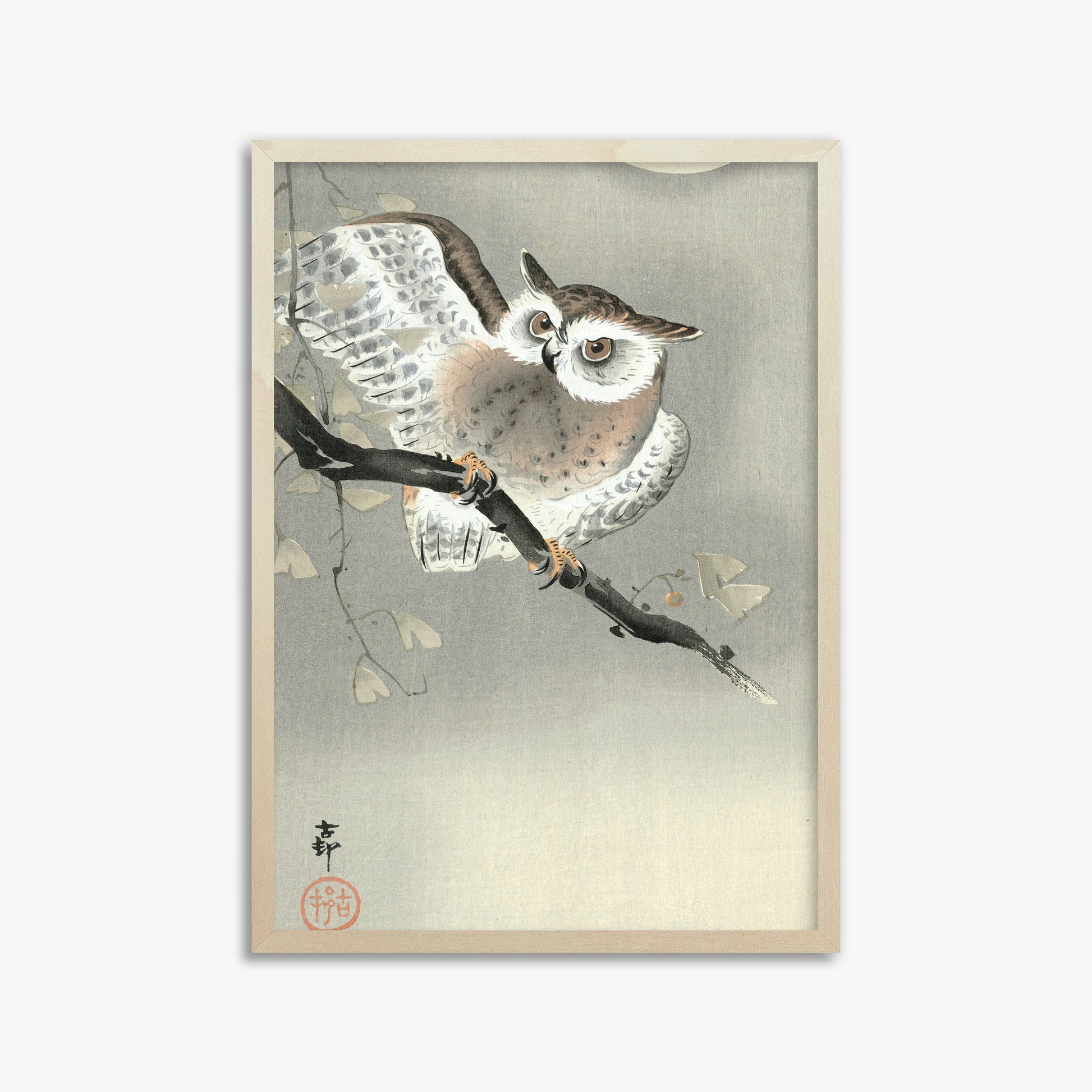 Ohara Koson: Long-Eared Owl in Ginkgo, 50x70cm Framed Art Reproduction With Lime Wood Frame