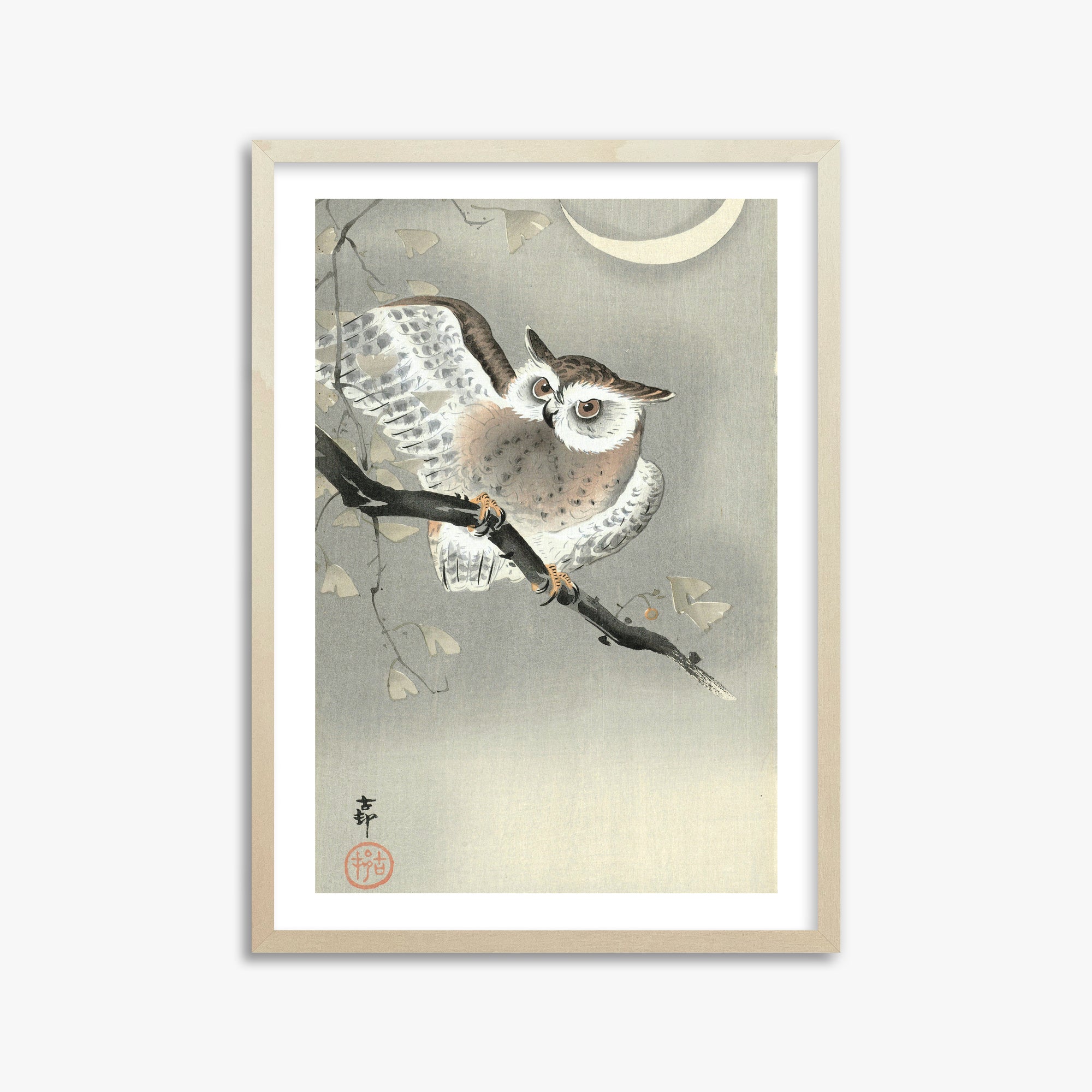 Ohara Koson: Long-Eared Owl in Ginkgo, 50x70cm Framed Art Reproduction With Lime Wood Frame